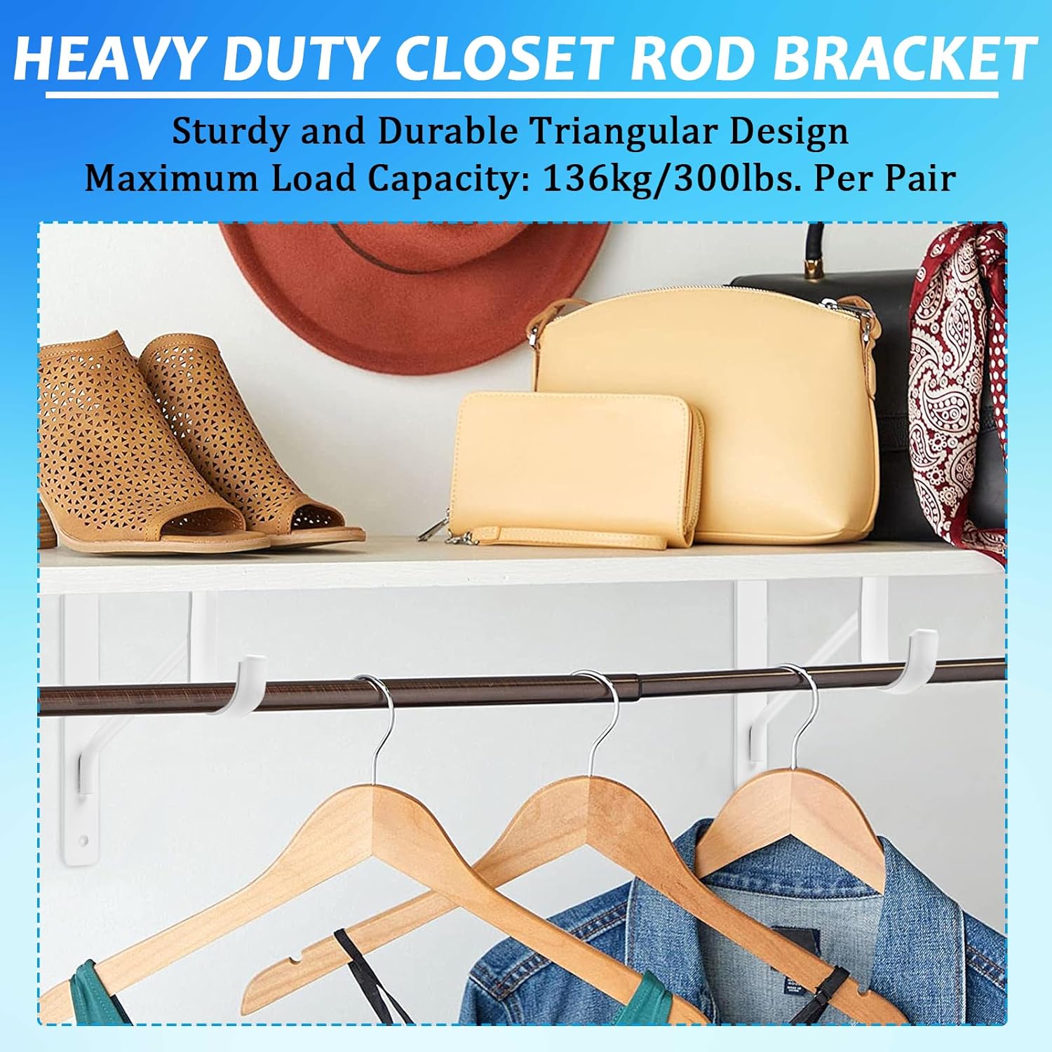 8 Pack Heavy Duty Closet Shelf & Rod Brackets 11 x 11 Inch, 300lbs Wall Mounted Closet Shelves Bracket with Rod Shelving Support, Closet Pole Supports Bracket Holder with Screws, White