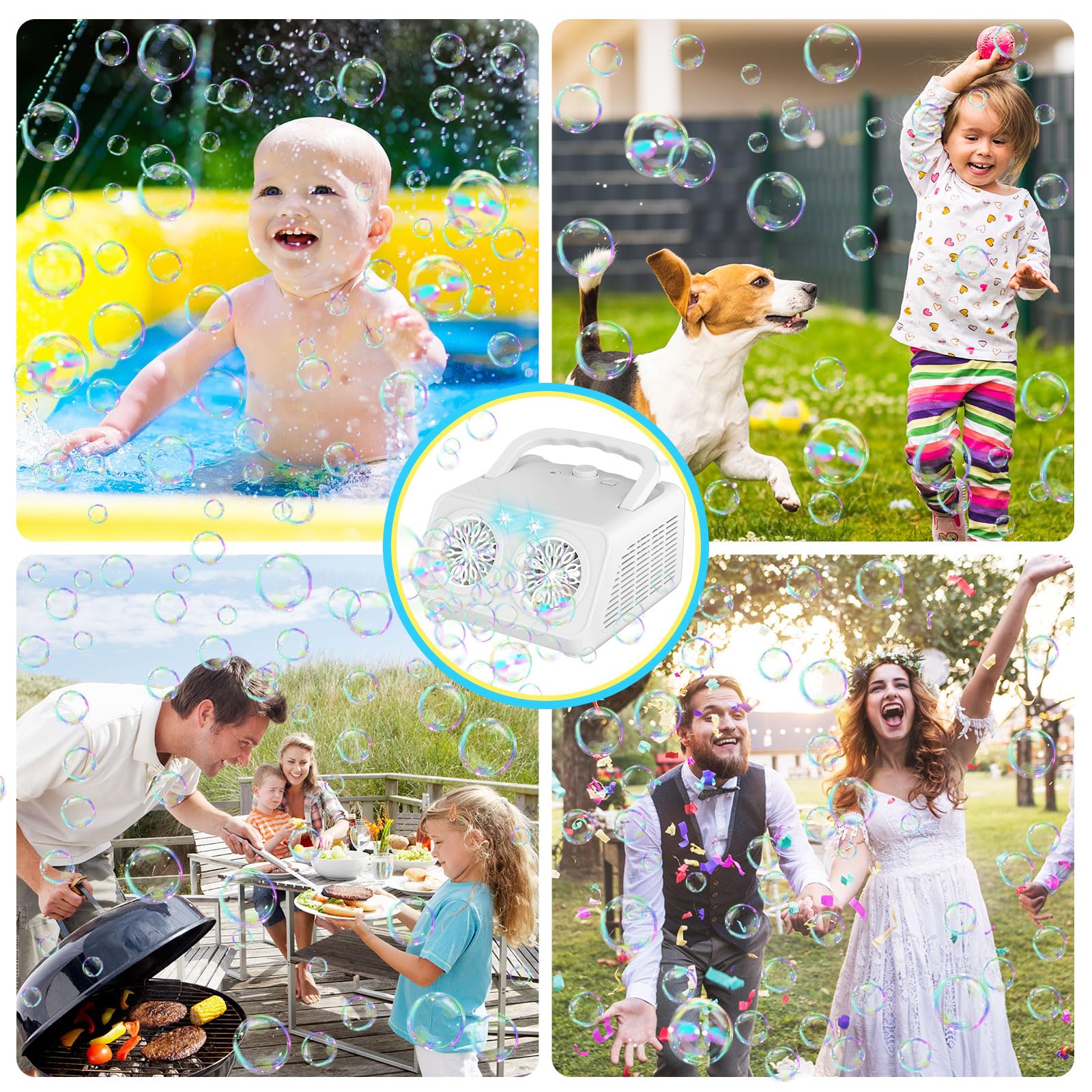 Macchina Bolle di Sapone, Spara Bolle di Sapone Automatico, 22000+ Bolle al Minuto, 2 Velocità, Giochi da Esterno per Bambini, Compleanno Gadget Matrimonio (Bianco)