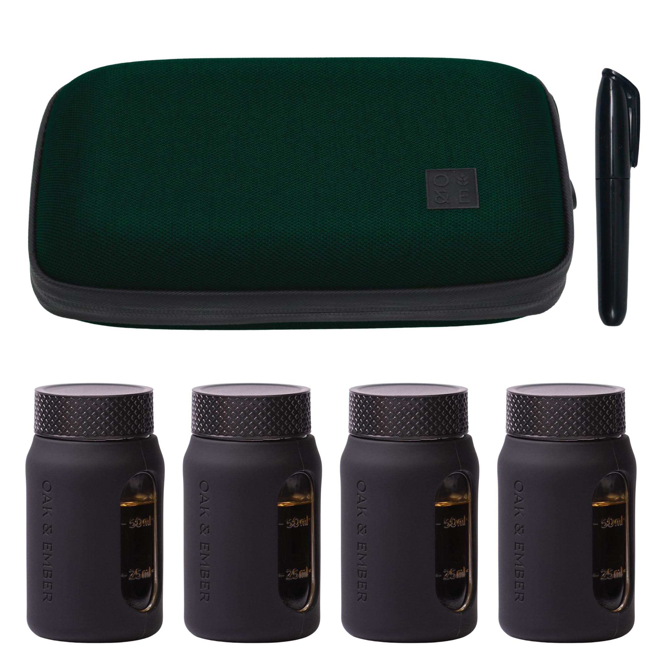 Oak & Ember Flight Flask Traveller II – Whisky Travel Set with 4 x 100ml Glass Flasks, Marker Pen & Water-Resistant Carry Case – Tasting Kit, Distillery Tour Accessory & Gift