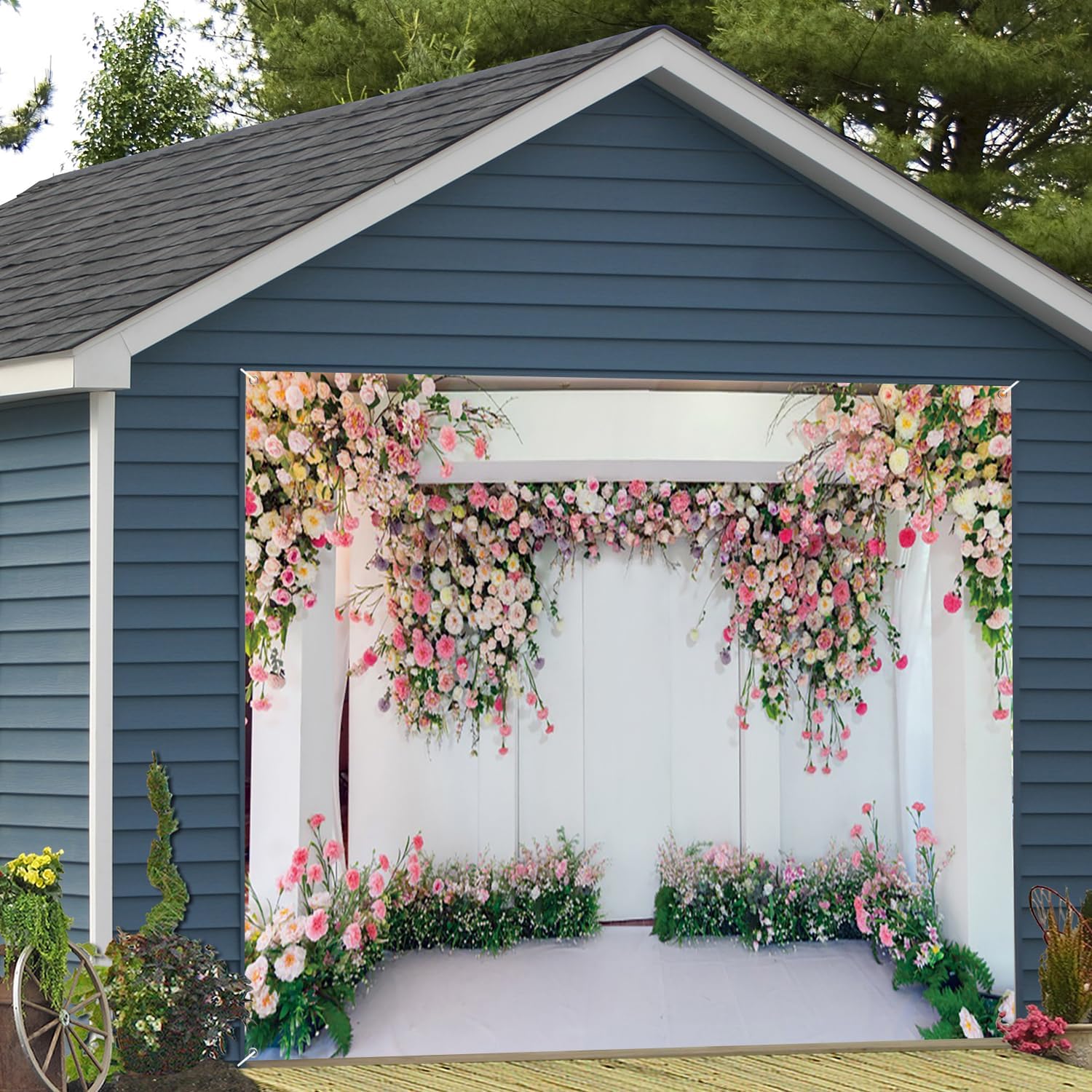 7x8ft Floral Garage Door Decor Abundant Pink White Flower Lush Green Foliage Accents Romantic Elegant Style Garage Door Cover for Wedding Event Backdrop Decoration