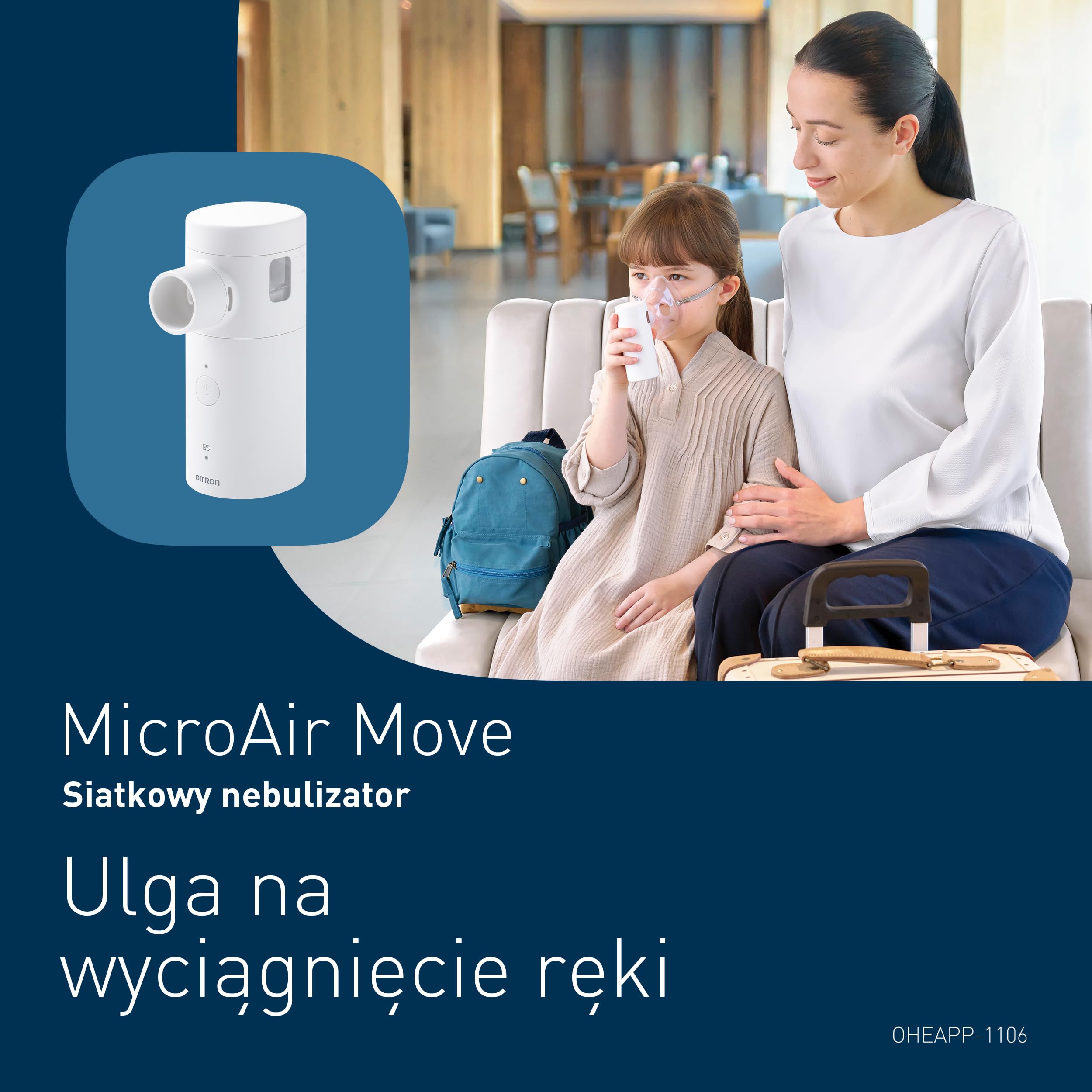 OMRON MicroAir Move Cichy Przenośny Nebulizator Inhalator Siateczkowy dla Dorosłych i Dzieci z Maskami i Ustnikiem Ładowany USB-C