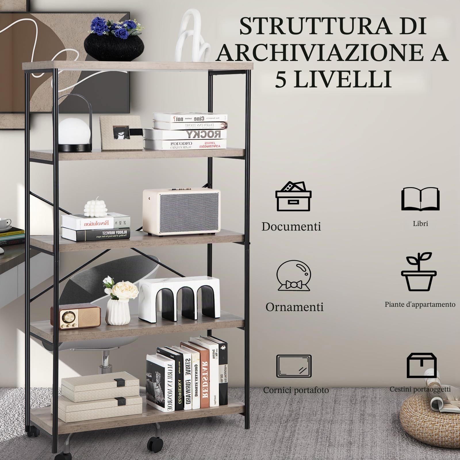 HOMASIS Scaffale Legno a 4 Livelli, Libreria da Parete in Legno, Scaffalatura Industriale con Struttura Metallica, Scaffale Salvaspazio per Soggiorno, Cucina, Studio (Grigio, 79 x 35 x 160 cm)