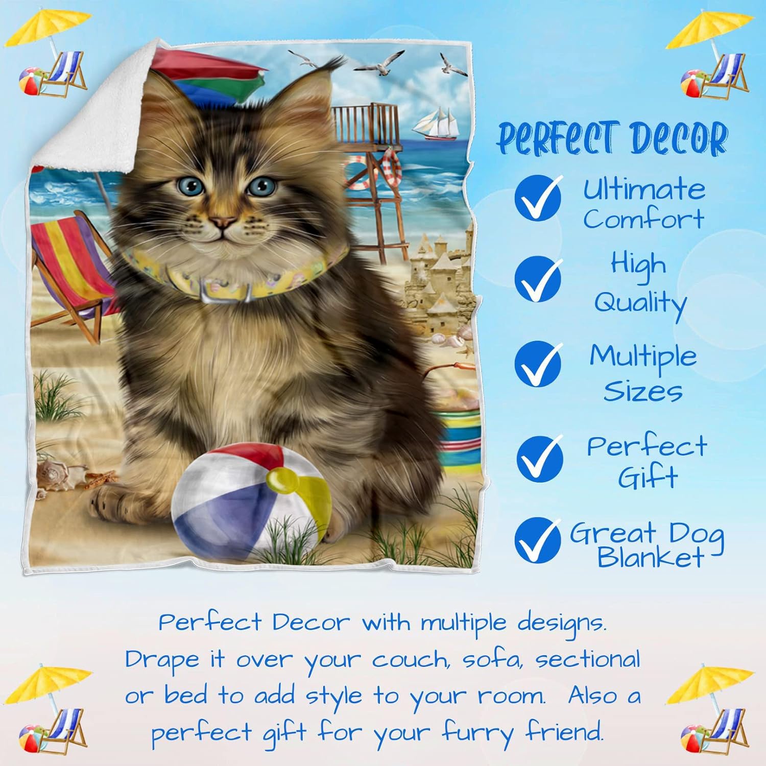 Pet Friendly Beach Maine Coon Cat Blanket - Lightweight Super Soft Cozy and Durable Bed Blanket - Animal Theme Fuzzy Blanket for Sofa Bed Couch BLNKT56311 (30x40 Fleece)