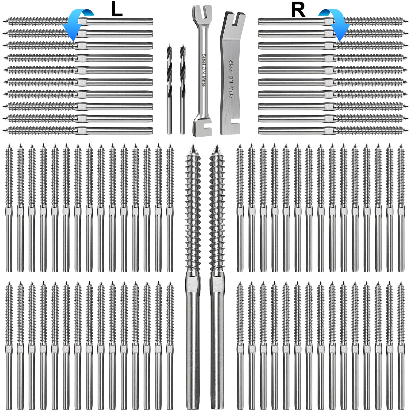 Steel DN Mate 100 Pack T316 Stainless Steel Right&Left Handed Thread Swage Lag Screws for Wood Post of 1/8" Steel Cable Railing Kit, Cable Railing Hardware, DIY Deck Railings, Wrench Include, DM50
