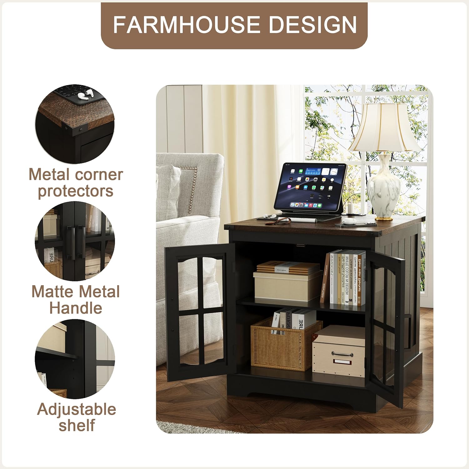 ChooChoo Rustic End Table, 24" Large Sofa Side Table with Charging Station & LED Light, Black Nightstand with Adjustable Storage Shelf, Square Bedside Table for Living Room, Bedroom, Office