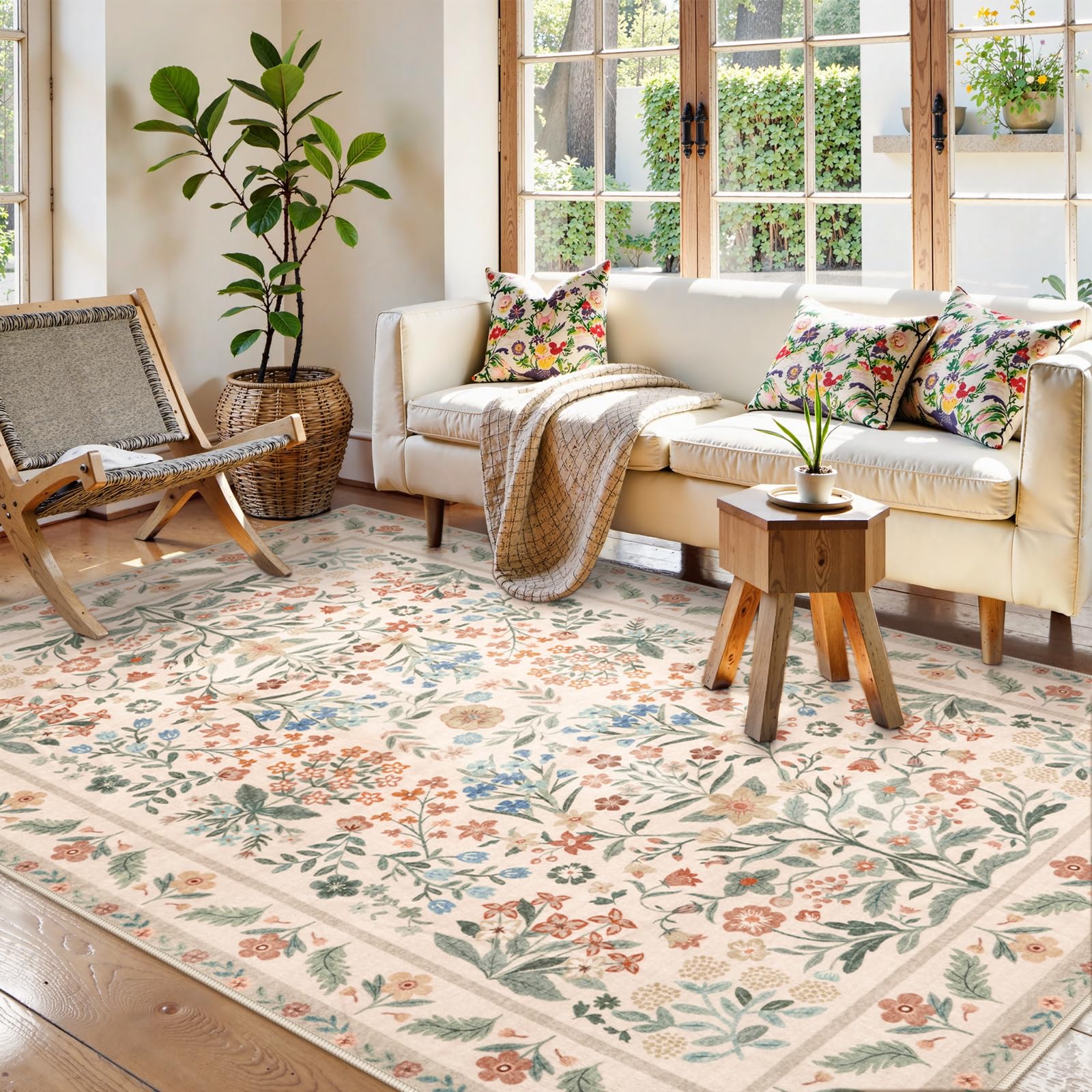 LEEVAN Floral 5x7 Area Rugs for Living Room Soft Low Pile Bedroom Rug Non Slip Washable Nursery Rugs