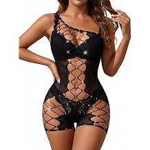 One Piece Bodysuit Fishnet Lingerie for Women Sleeveless Rhinestone High Stretch Exotic Pole Dance Nightclub Stage