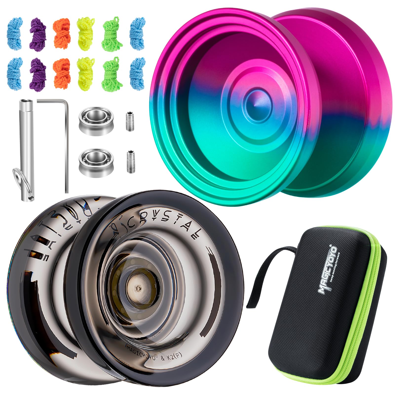 MAGICYOYOResponsive Yoyo for Kids Beginner, Professional Yoyo 2 Pack, Dual Purpose Metal Yoyo V8&Plastic Yoyo K2 Crystal for Kids/Adults with Unresponsive Yoyo Bearing+12 Yoyo Strings+ Yoyo Case Bag
