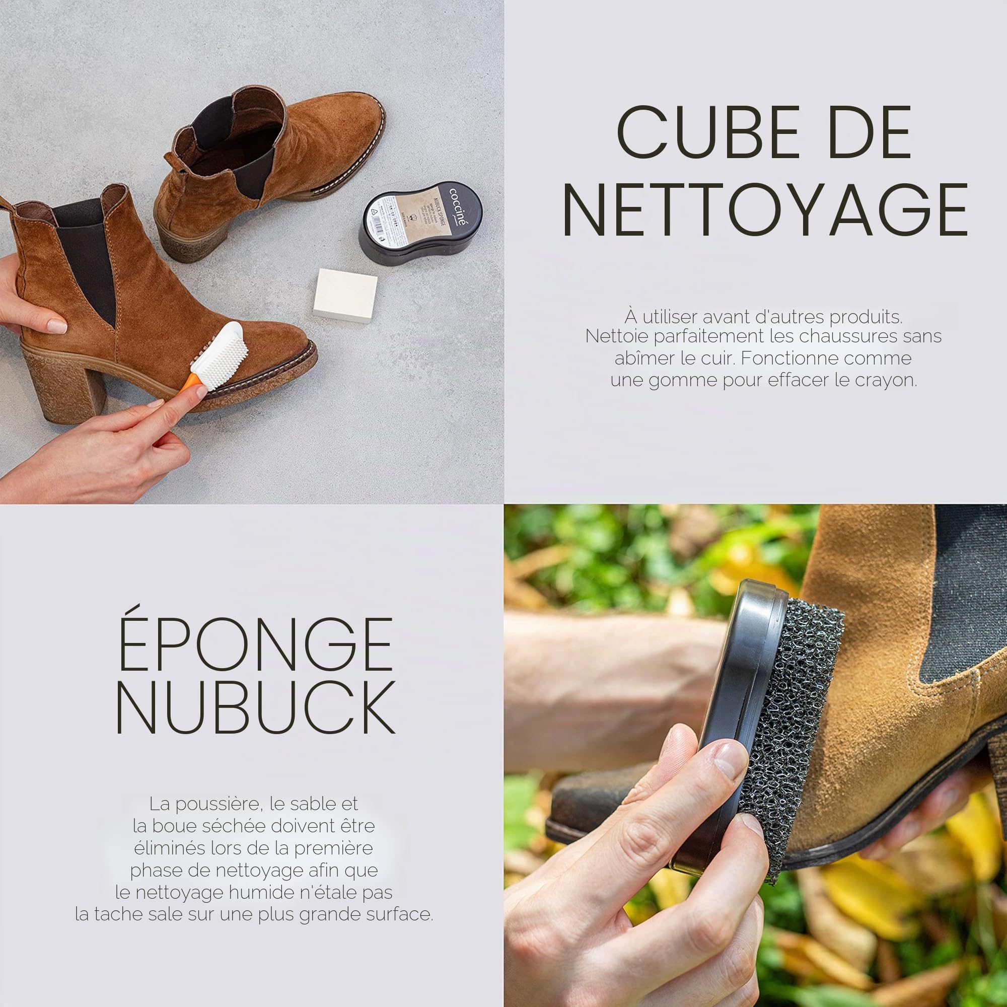 Cocciné - Kit d'entretien 4 en 1, Kit Nettoyage, Nettoyant Chaussure, pour Chaussures en Daim, Nubuck et Membranes TEX, Utilisation Confortable, Mini éponge de Nettoyage