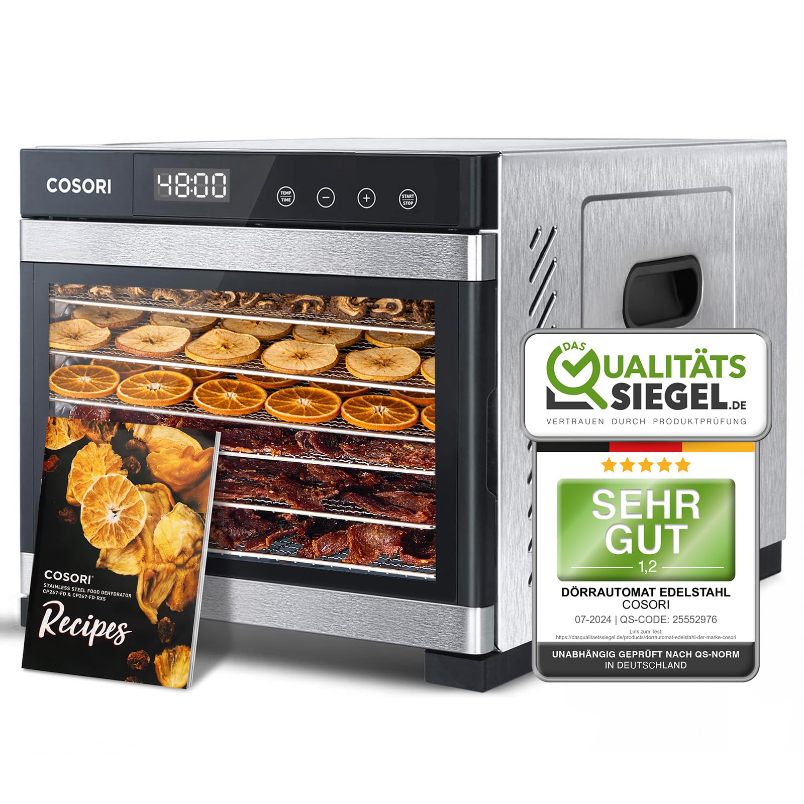 Cosori Dörrautomat edelstahl, Food Dehydrator, 650W, 48 Std. Zeitschaltuhr | 6 Edelstahl-Dörrtabletts, 3 Dörrgitter, 3 Dörrmatte, große Fläche, 0,6 m², LED-Display, 35°-75°C, 50 Rezepte