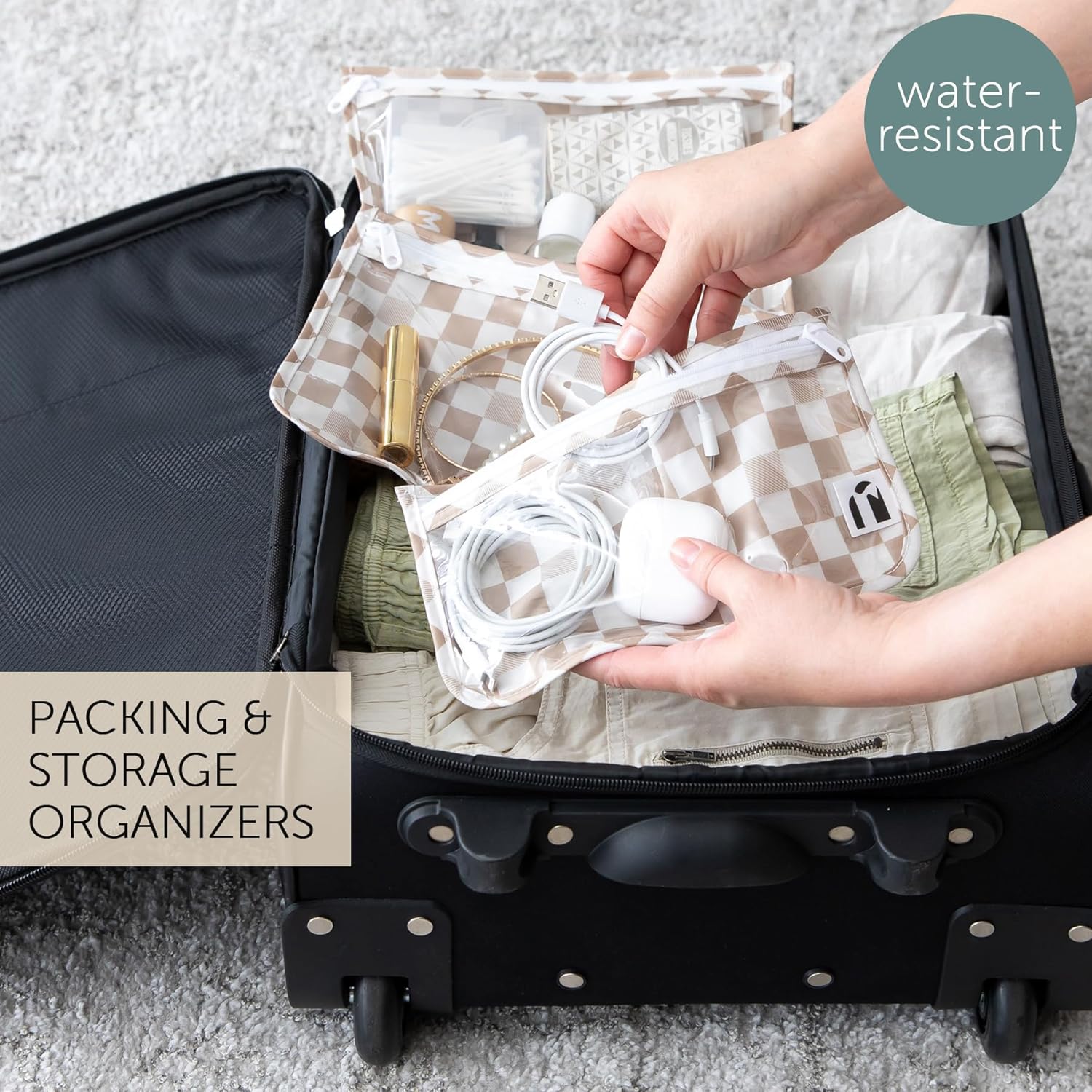 Bumkins Roamio Travel Bag, Toiletry, TSA Approved Pouch, Zip Quart Size Airline Compliant, Clear-Sided, Baby, Diaper Organization, Makeup, Accessories, Packing, Set of 3 Sizes, Beige Check