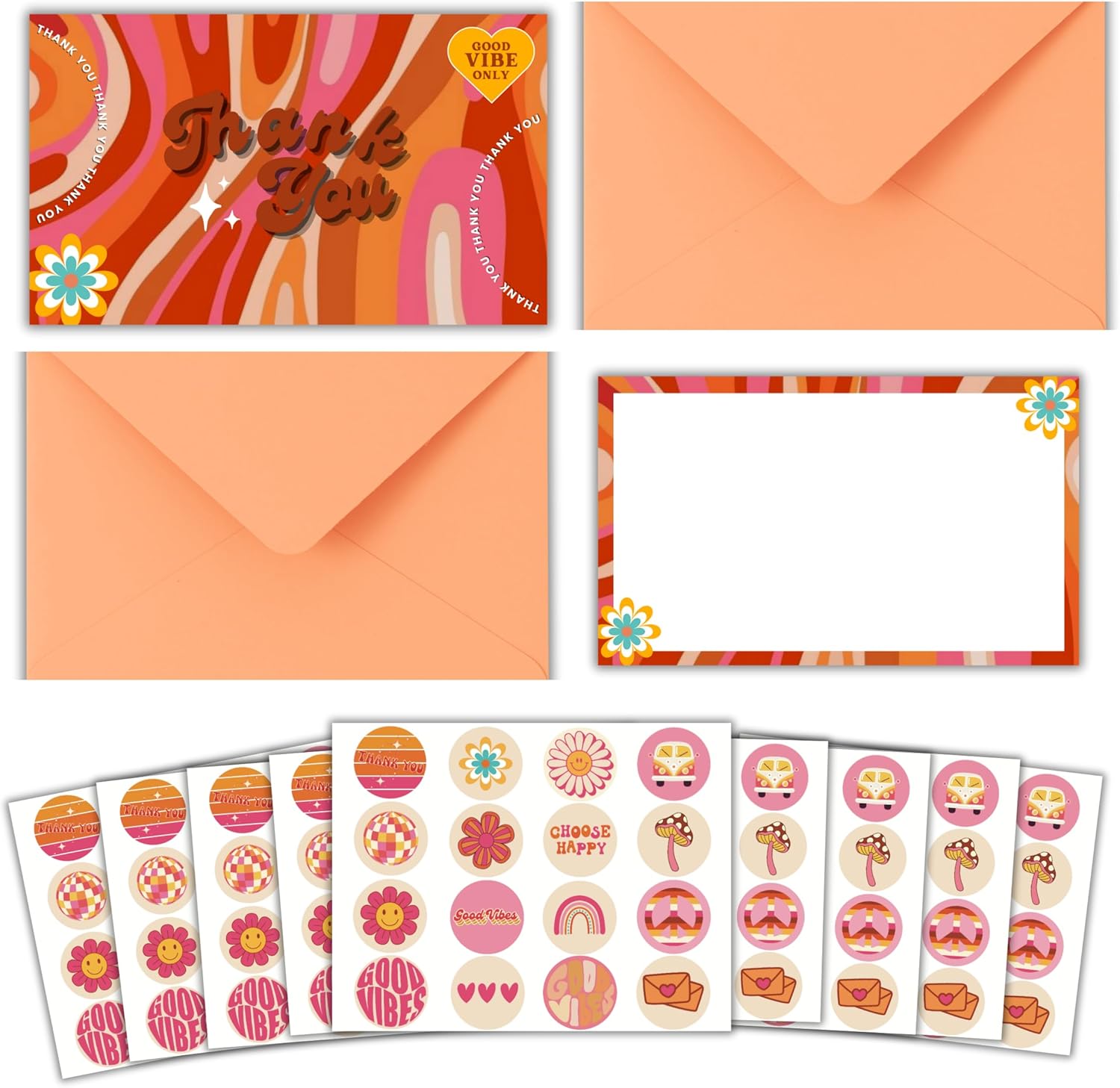 Pack of 100 3x5 Inch Groovy Thank You Cards with Envelopes, Thank You Cards with 100 Envelopes and Groovy Stickers, Card stock Thank You Card, Thank You Cards Small Business, Cards and Envelopes