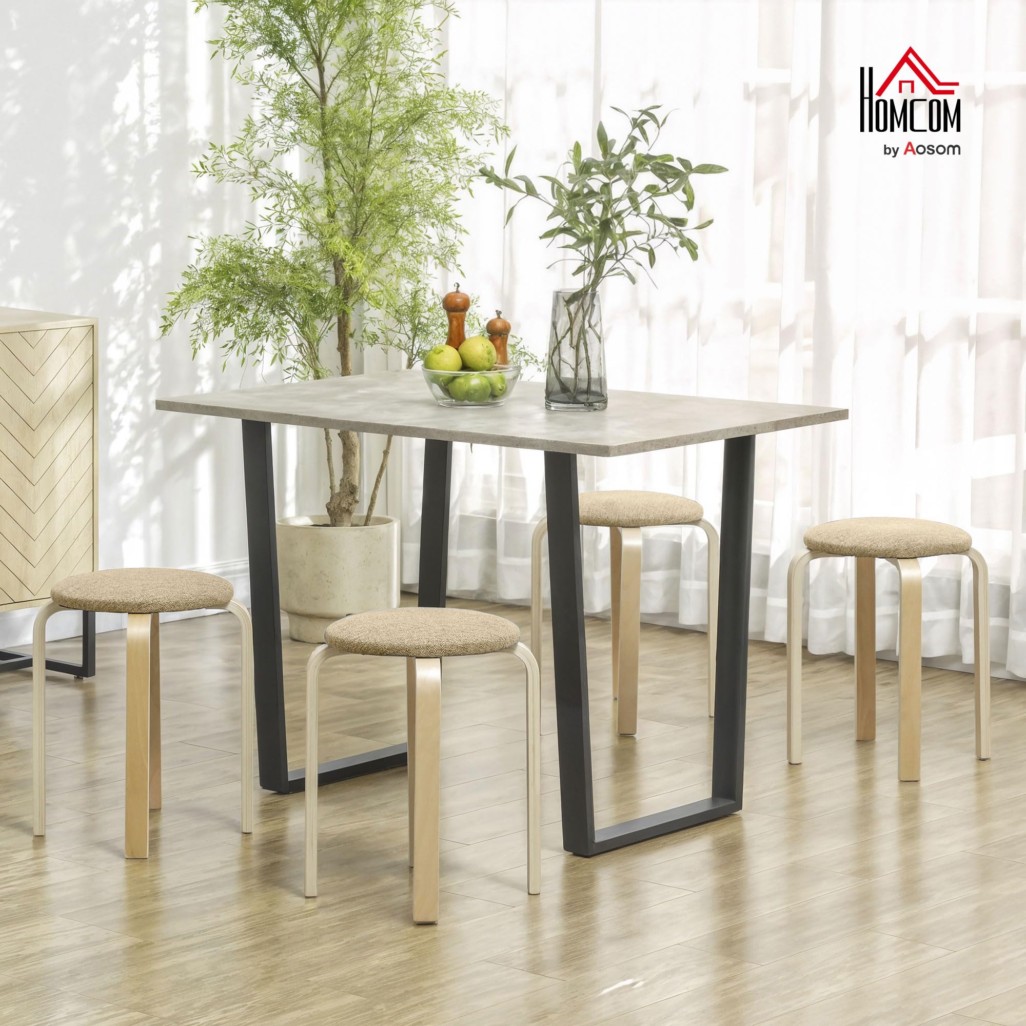 HOMCOM Ensemble de 4 Tabourets Empilables Modernes, Tabourets Ronds sans Dossier, Assise Rembourrée, 40 x 40 x 45 cm, Kaki