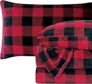Elegant Comfort Luxuriously Soft 4-Piece Velvet Plush Flannel Sheet Set - Premium Quality - Cozy Warm, Anti-Static, Non Pilling Fuzzy Velvet Flannel Fleece Deep Pocket Sheet Set - Queen, Buffalo Red