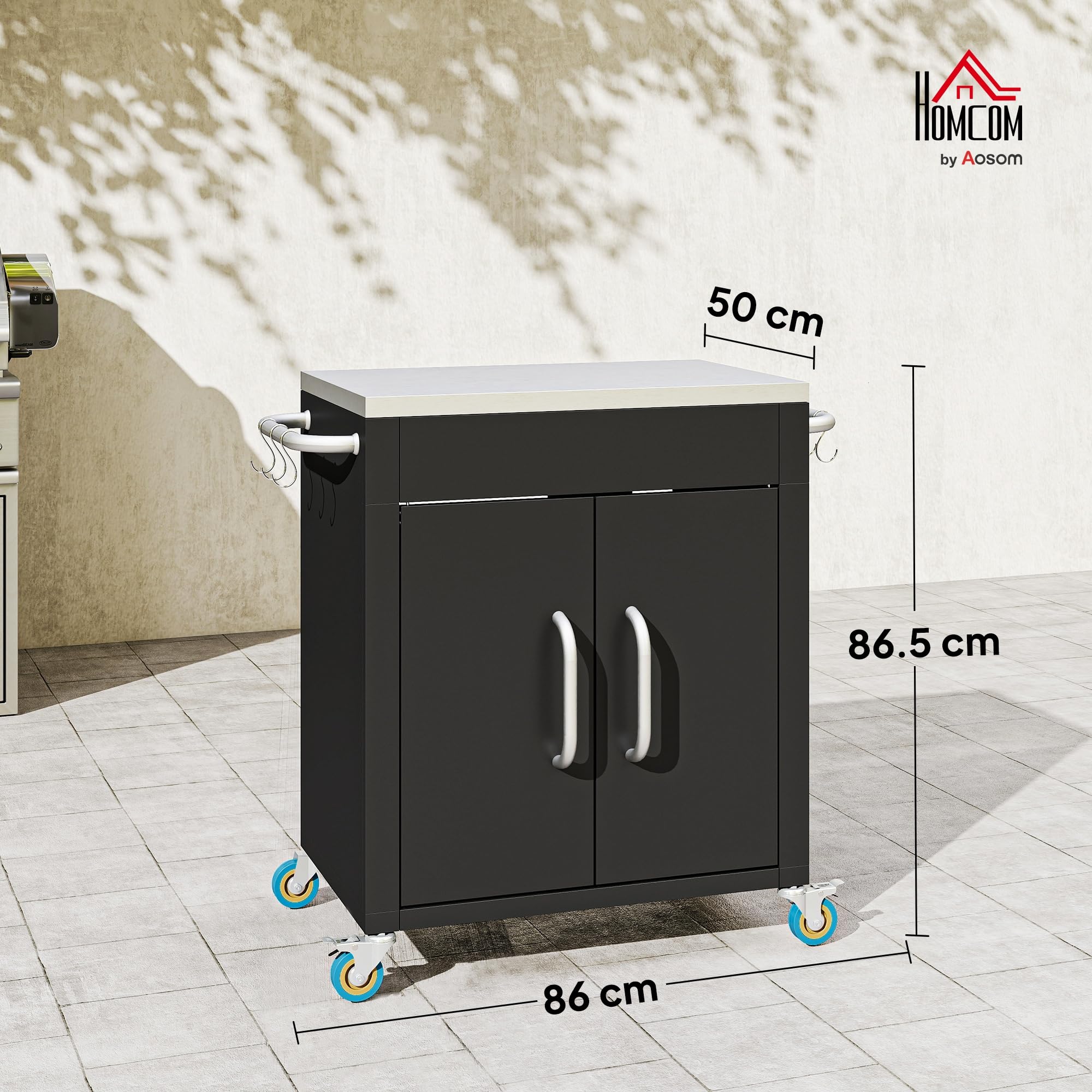 HOMCOM Carrello Barbecue con Piano in Acciaio Inox Tavolo da Cucina da Esterno con Ruote, Maniglia, 6 Ganci, Armadietto Contenitore 86x50x86.5 cm Nero