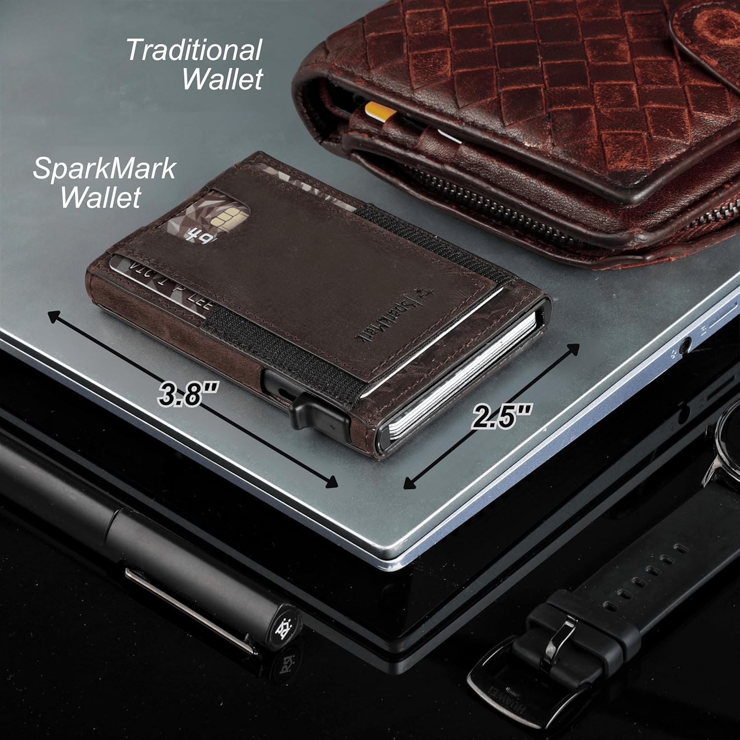 SparkMark Minimalist Pop Up Wallet for Men | RFID Blocking Credit Card Holder Wallet | Mens Wallet Slim Front Pocket Metal Case with Gift Box (Genuine Full Grain Soft Leather) - Image 2