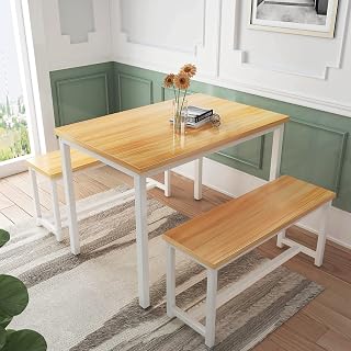 AWQM Dining Room Table Set, Kitchen Table Set with 2 Benches, Ideal for Home, Kitchen and Dining Room, Breakfast Table of 47.2x28.7x29.5 inches, Benches of 41.3x11.8x17.7 inches, Beige