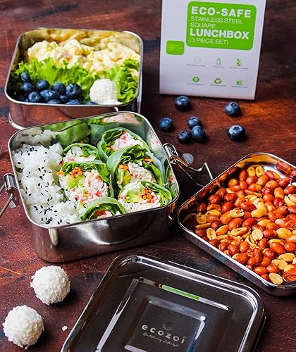 Miniatura 2 de ecozoi Lonchera de acero inoxidable, 3 en 1, caja Bento apilable ecológica, contenedor de alimentos sin plástico, con bandeja interior adicional,
