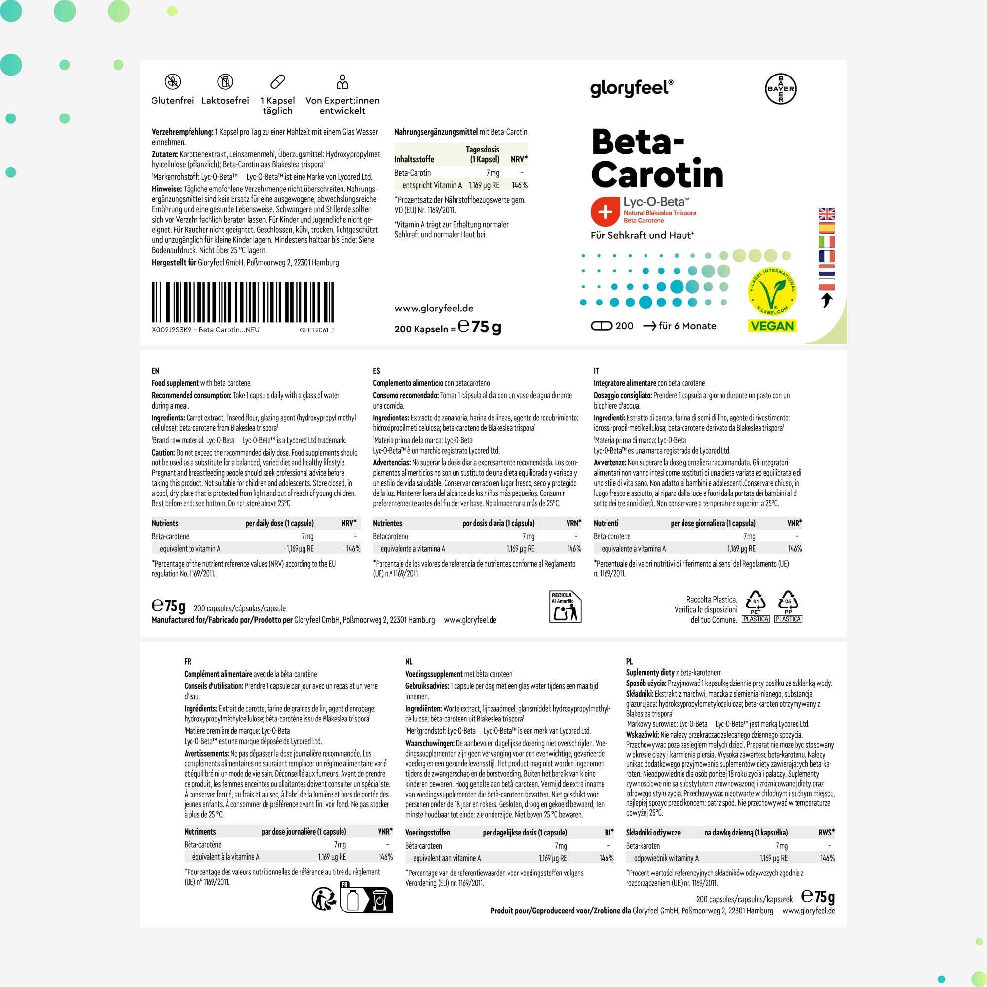 Bêta-Carotène Autobronzant (200 Capsules), Extrait de Carotte (70mg), Vitamine A (1169µg) et Beta Carotene (7mg), Preparation Bronzage, Hautement Dosé, Bronzage Sans Soleil, 100% Végétalien