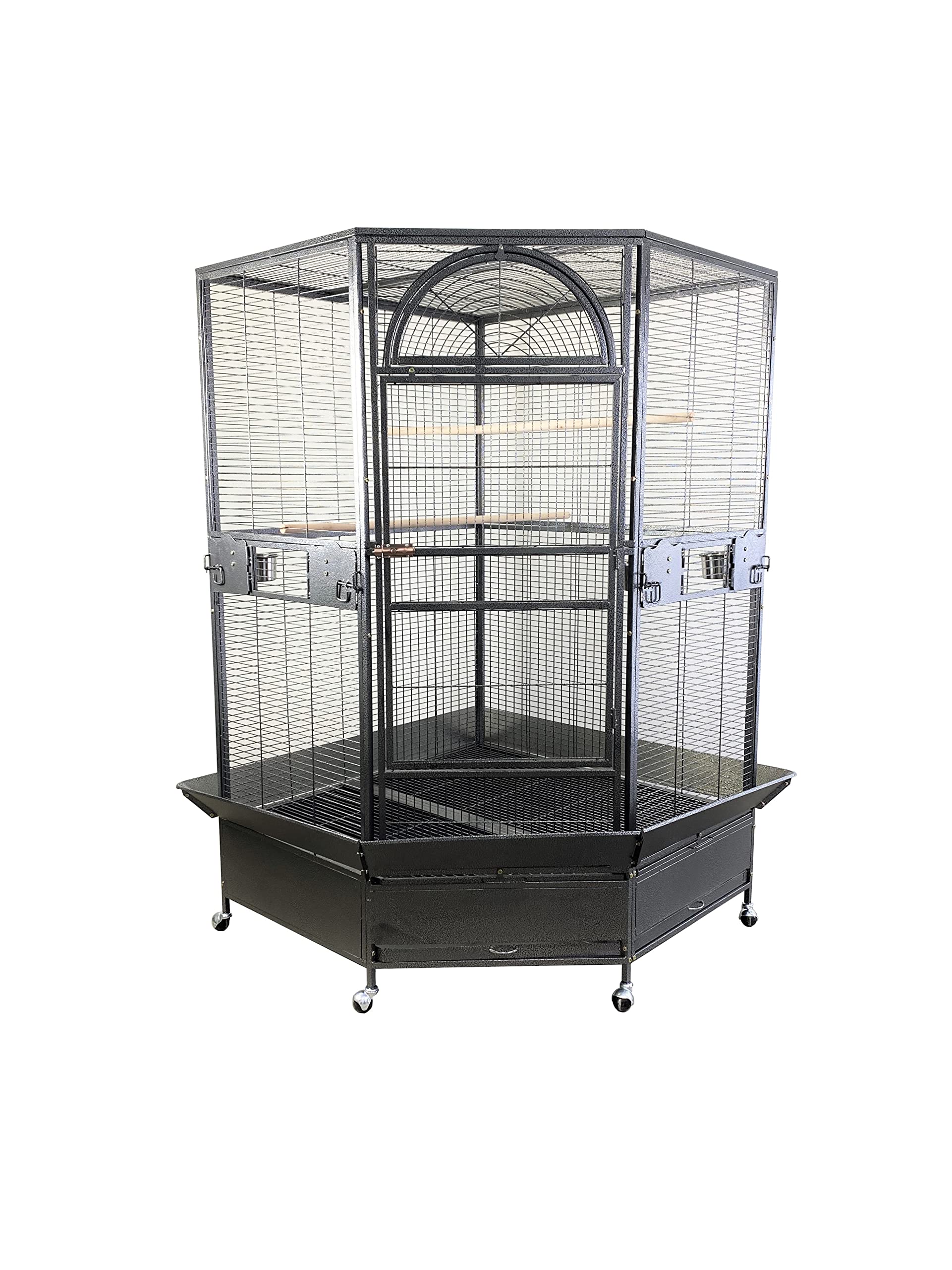 Pet's Solution - Gabbia per Pappagalli ad Angolo, Voliera Robusta e Angolare Adatta per Uccelli di Grandi Dimensioni, con Posatoi, Ciotole, Vassoi Estraibili e Ruote, Nera - 128 x 128 x 186 cm