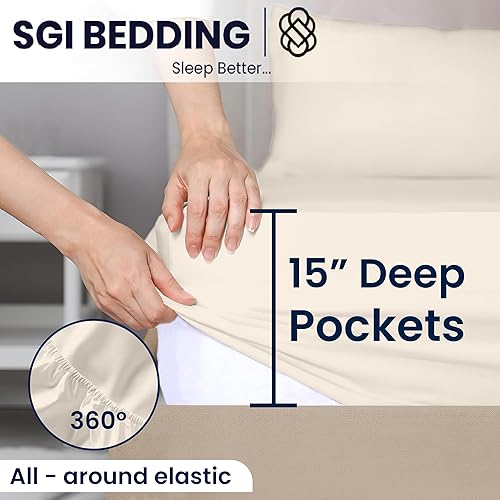 Vista 81 de SGI Bedding Sábana bajera ajustable King de 32 pulgadas, con cabezal flexible, solo 100% algodón egipcio, 1000 hilos, sábana bajera ajustable