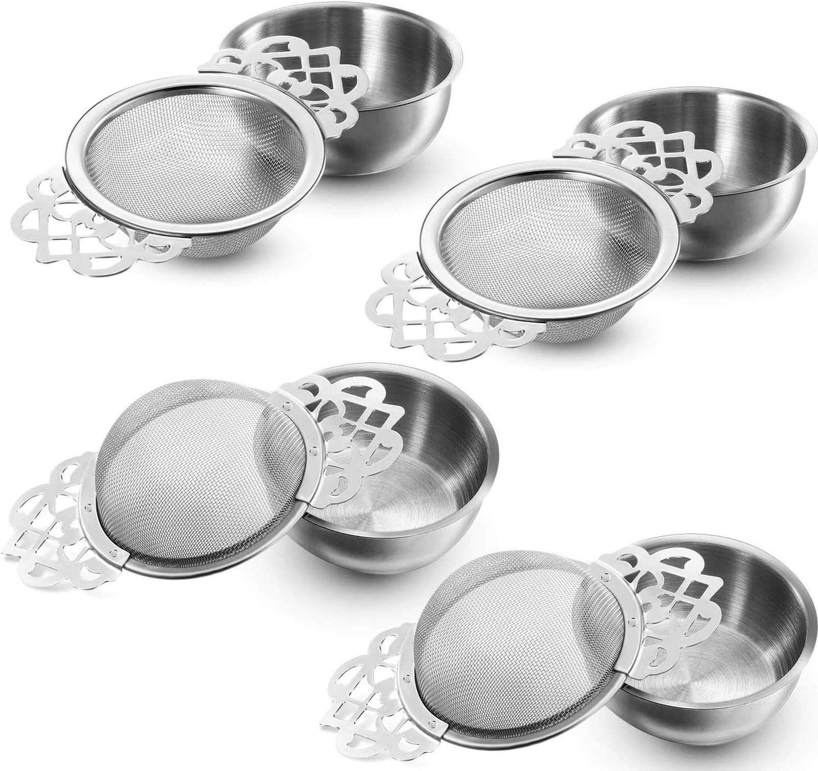 Hotop Empress Tea Strainers with Drip Bowls, Mesh Tea Infuser Stainless Steel Loose Leaf Tea Filter with Handles for Better Tea Experience (Silver, 4 Pieces)