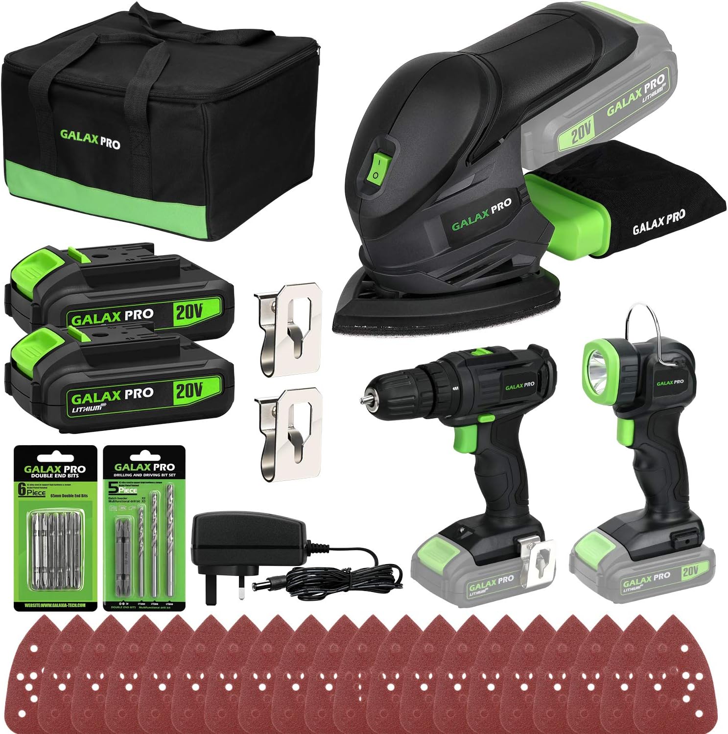 Cordless DIY Power Tool Kit GALAX PRO, Cordless Detail Sander 12000OPM, 2-Speed Drill Driver 20V, Cordless Torch 110Lm, Battery Li-Ion 1.3Ah with Charger