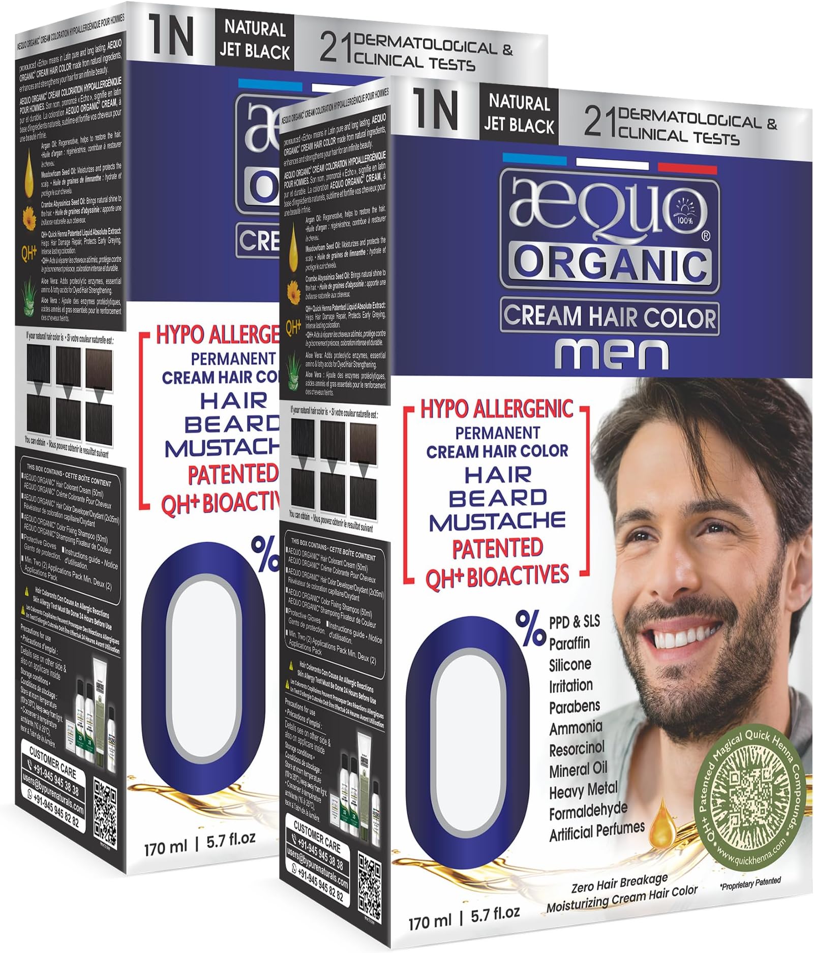- Aequo Organic Cream Hair Conditioning Colour With QH+ Water | Natural, 100% Grey Coverage, PPD & Ammonia Free | Hair, Beard & Moustache Color For Men | 1N Jet Black, 170ml each, Pack Of 2