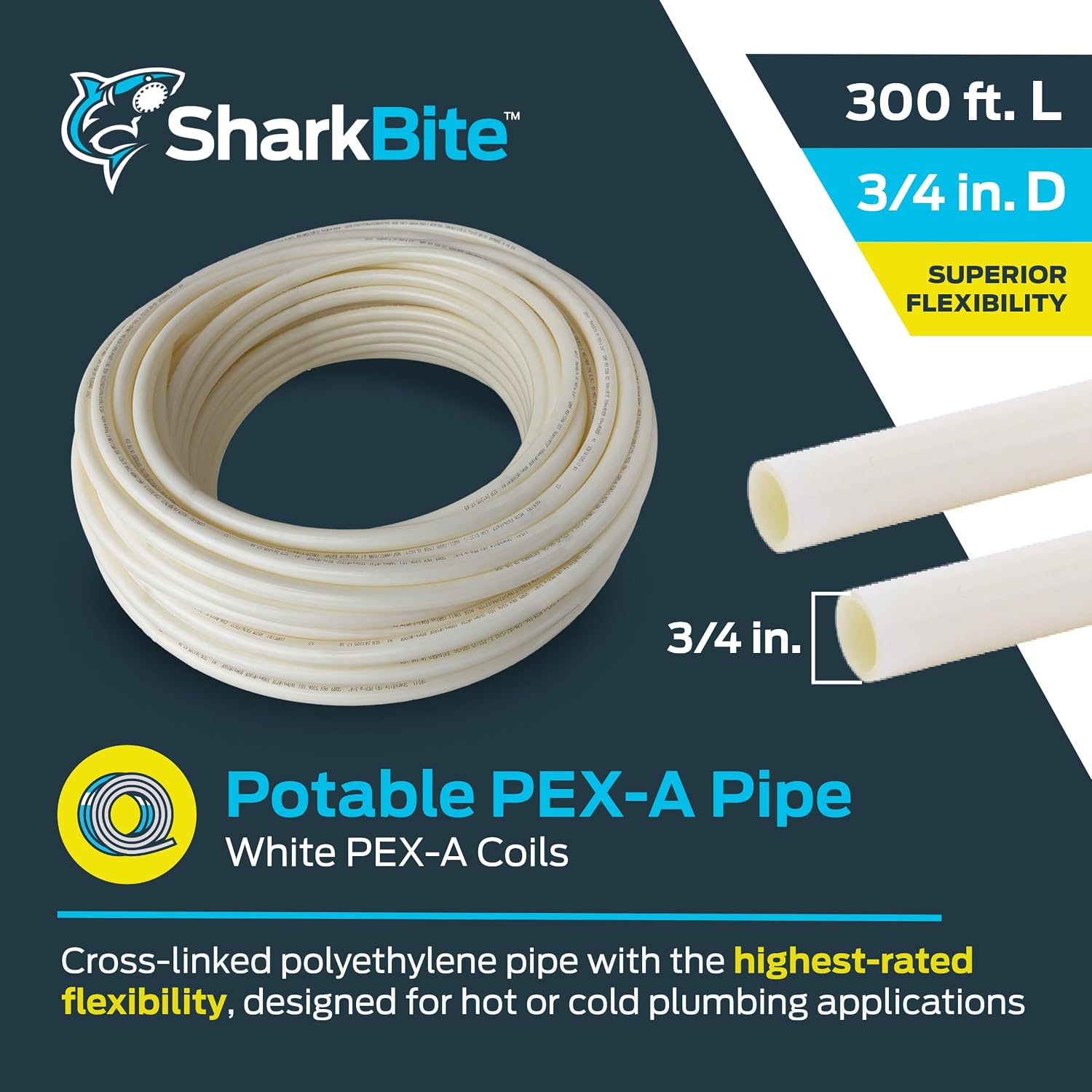 SharkBite 3/4 Inch x 300 Feet White PEX-A, Made in the USA, Flexible Water Pipe Tubing for Plumbing, UA70W300
