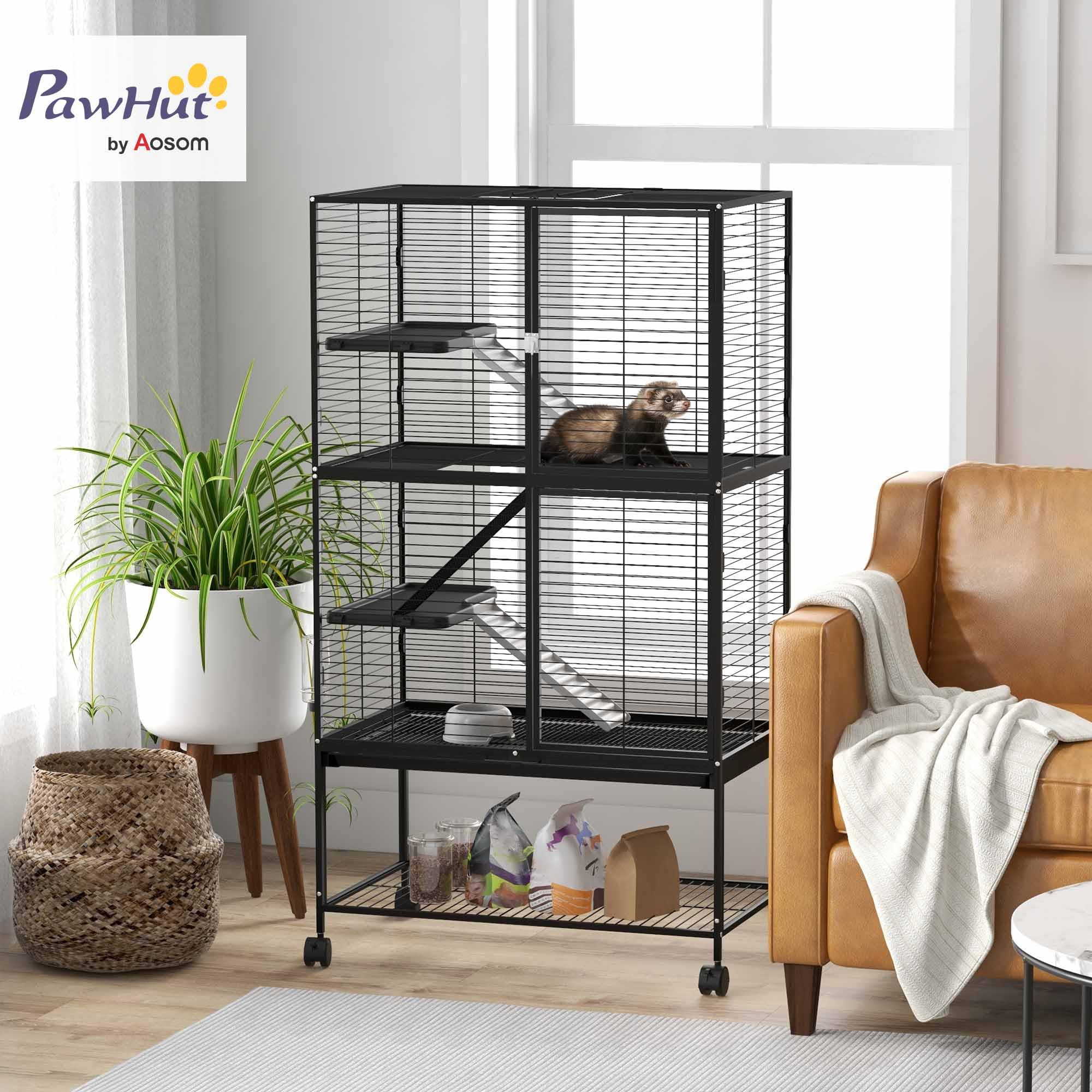 PawHut Jaula para Animales Pequeños de 4 Niveles Jaula para Roedores con Ruedas Rampa Cuenco Botella de Agua y Bandeja Extraíble Recinto para Conejos Chinchillas Hurones 78x45,5x136 cm Negro