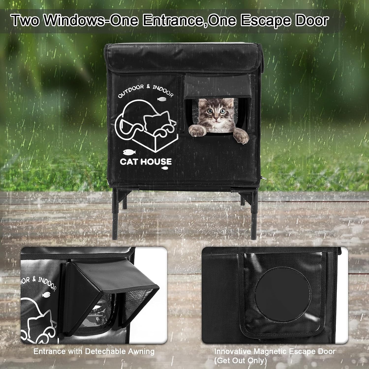 Cat House Outdoor, Indestructible Elevated Feral Cat Shelter Weatherproof with Escape Door,Outside Waterproof Insulated Strayed Cat House for Winter(Black)