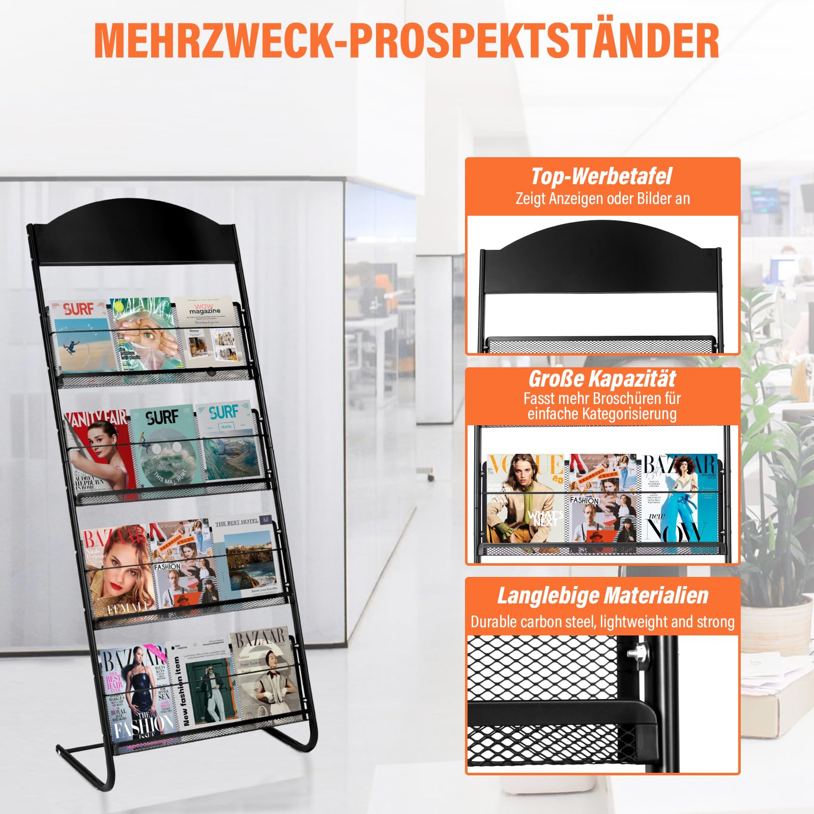SUNDOY Extra groß Zeitschriftenständer, bodenstehender Literaturständer mit 4 Taschen Prospektständer Für Büros und Messen (38Tx63Bx157H-cm-ohne Räder)