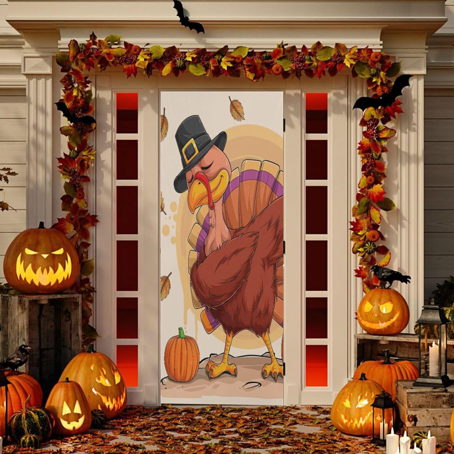 Thanksgiving Turkey Door Cover Washable High Elastic Fabric Front Door Cover for Festive Party Home Decor,36x83Inch