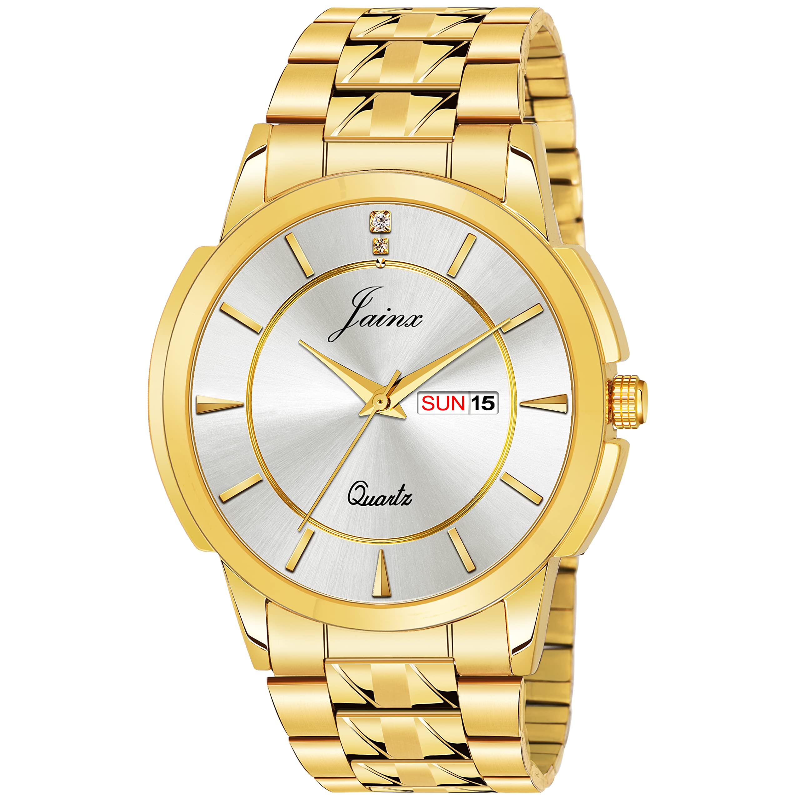 jainxSilver Dial Day and Date Golden Chain Analog Wrist Watch for Men - JM1167