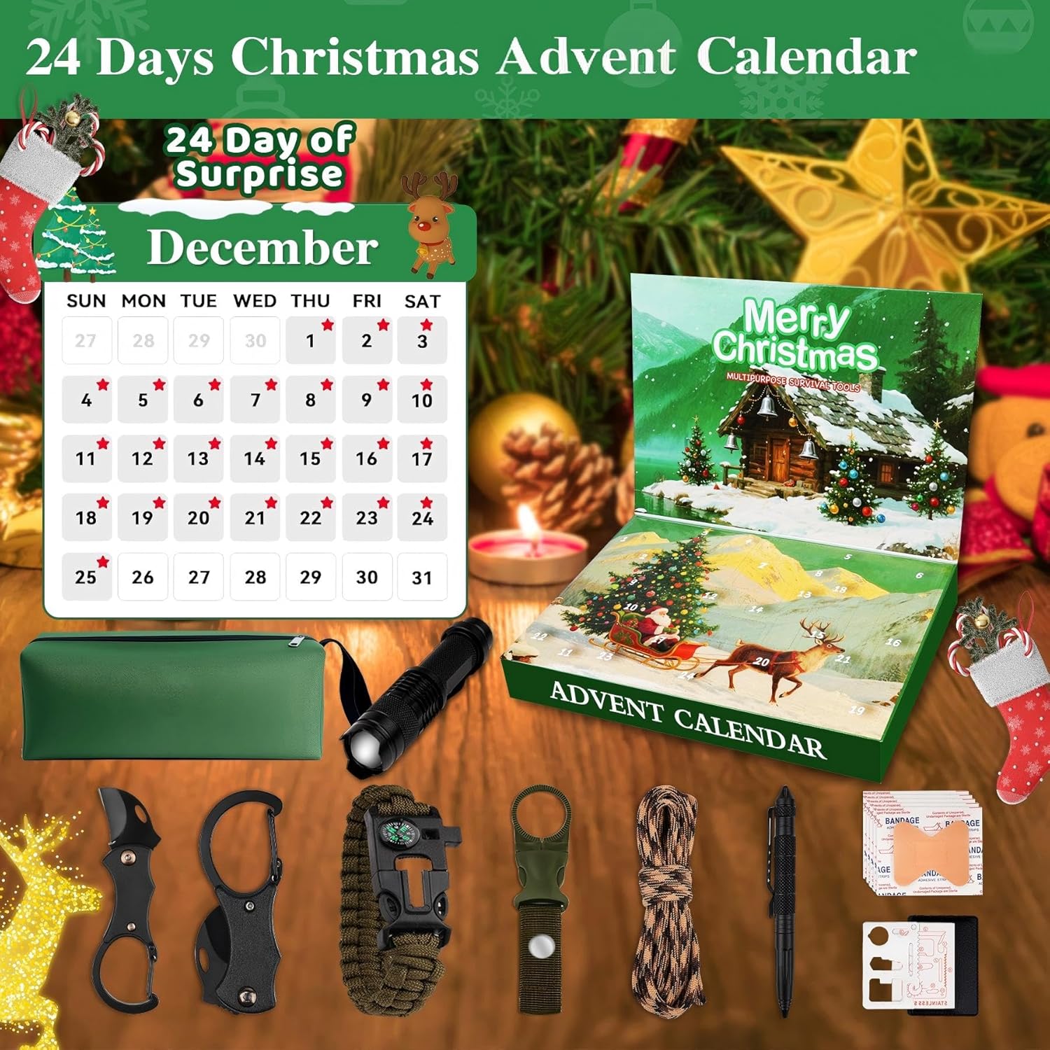 SUNNINO Survival Kit Advent Calendar 2025 for Men, 24 Days Christmas Advent Calendar with Outdoor Survival Gear, Xmas Surprise Gifts for Men Adults Teens for Camping, Fishing, Hunting