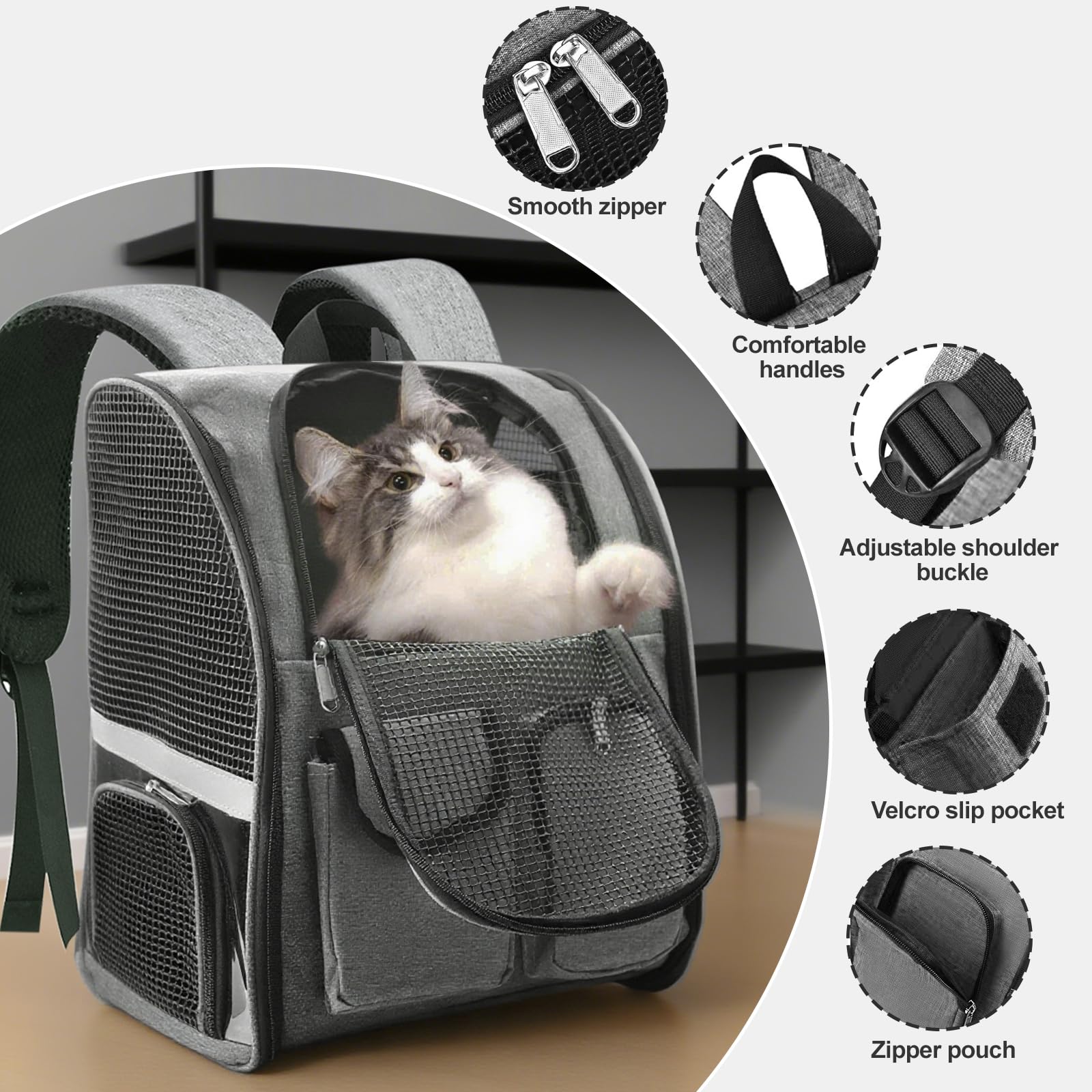 Zaino per Gatti 41x35x25cm – Trasportino Grigio Traspirante con Strisce Riflettenti, Cinghie S Comode, Multi-Zipper – Ideale per Gatti e Piccoli Animali