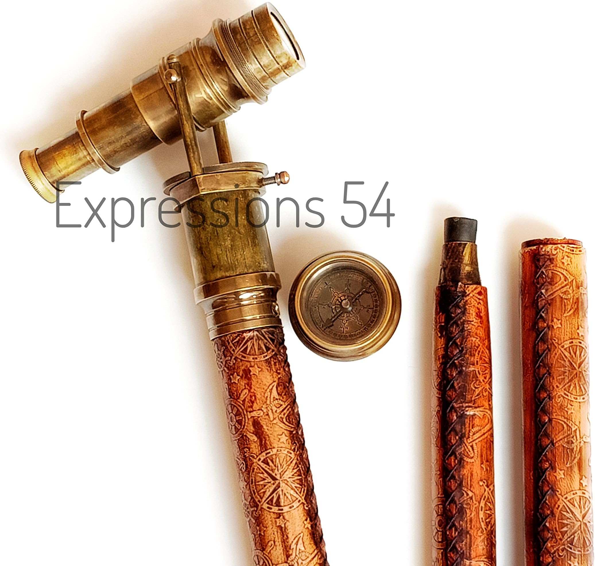 Expressions Enterprises Leather Stitched Brass Hidden Spyglass Walking Stick Cane