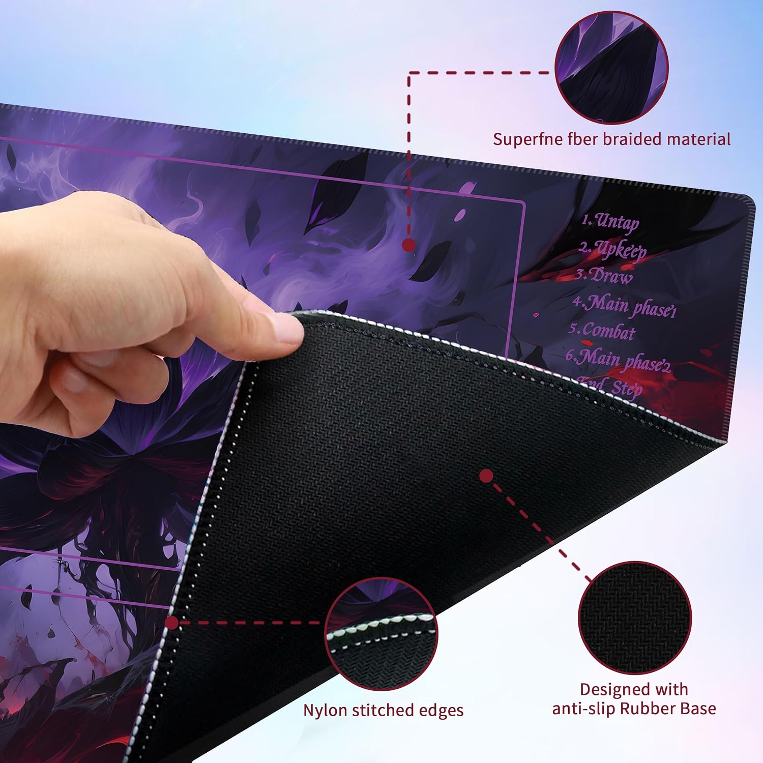 MTG Playmat with Storage Tube & 7-Dice Set - Waterproof TCG Playmat with Stitched Edges, Non-Slip Rubber Card Game Mat (24"x14") (playmat with Zones, Dark Flame Lotus) image 3