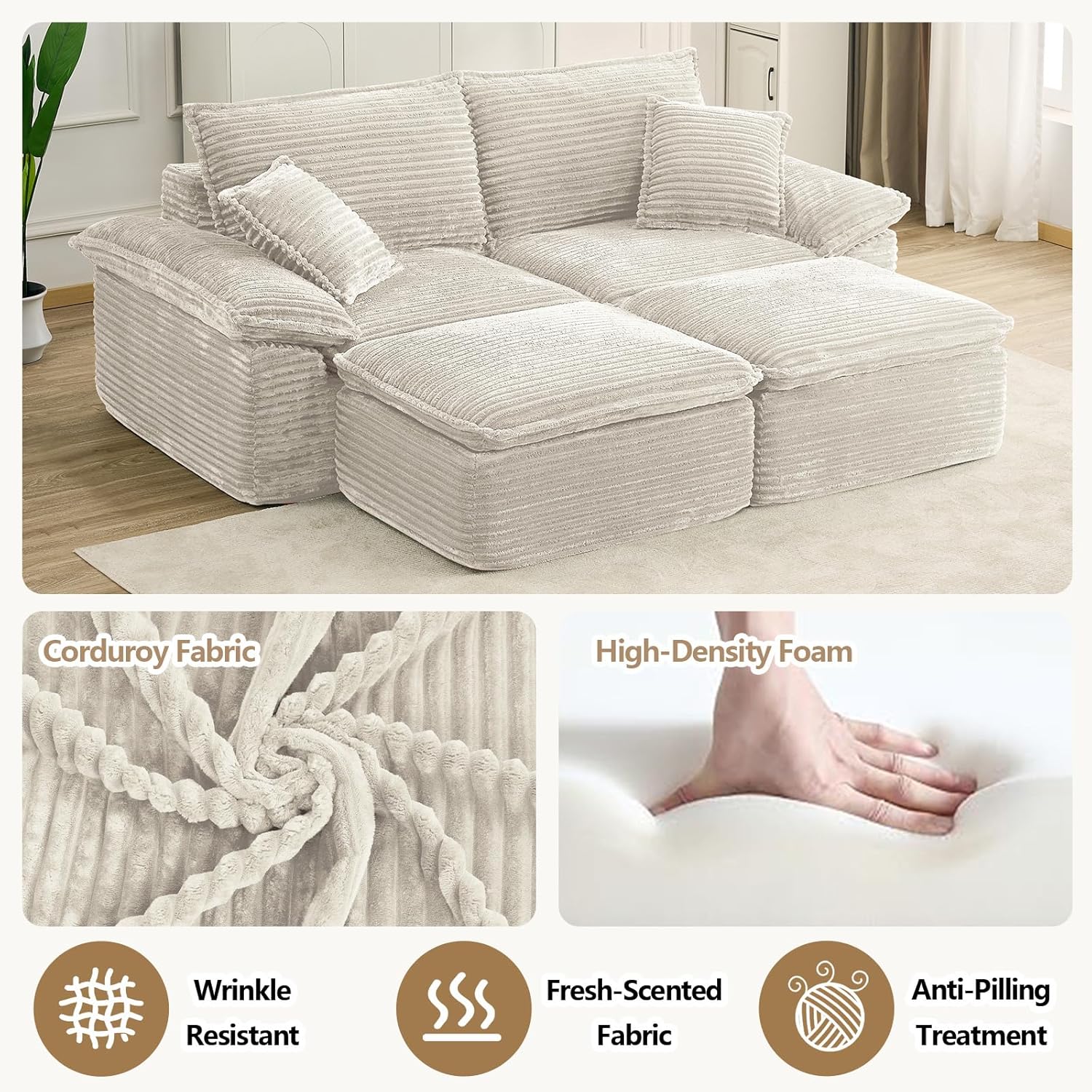 80" Double Chaise Lounge Chair Indoor,Modern Boneless Sleeper Loveseat with Ottoman,Deep Seat Sofa Bed with Pillows,Comfy Corduroy Sectional Cloud Couches for Living Room (Beige, 80")