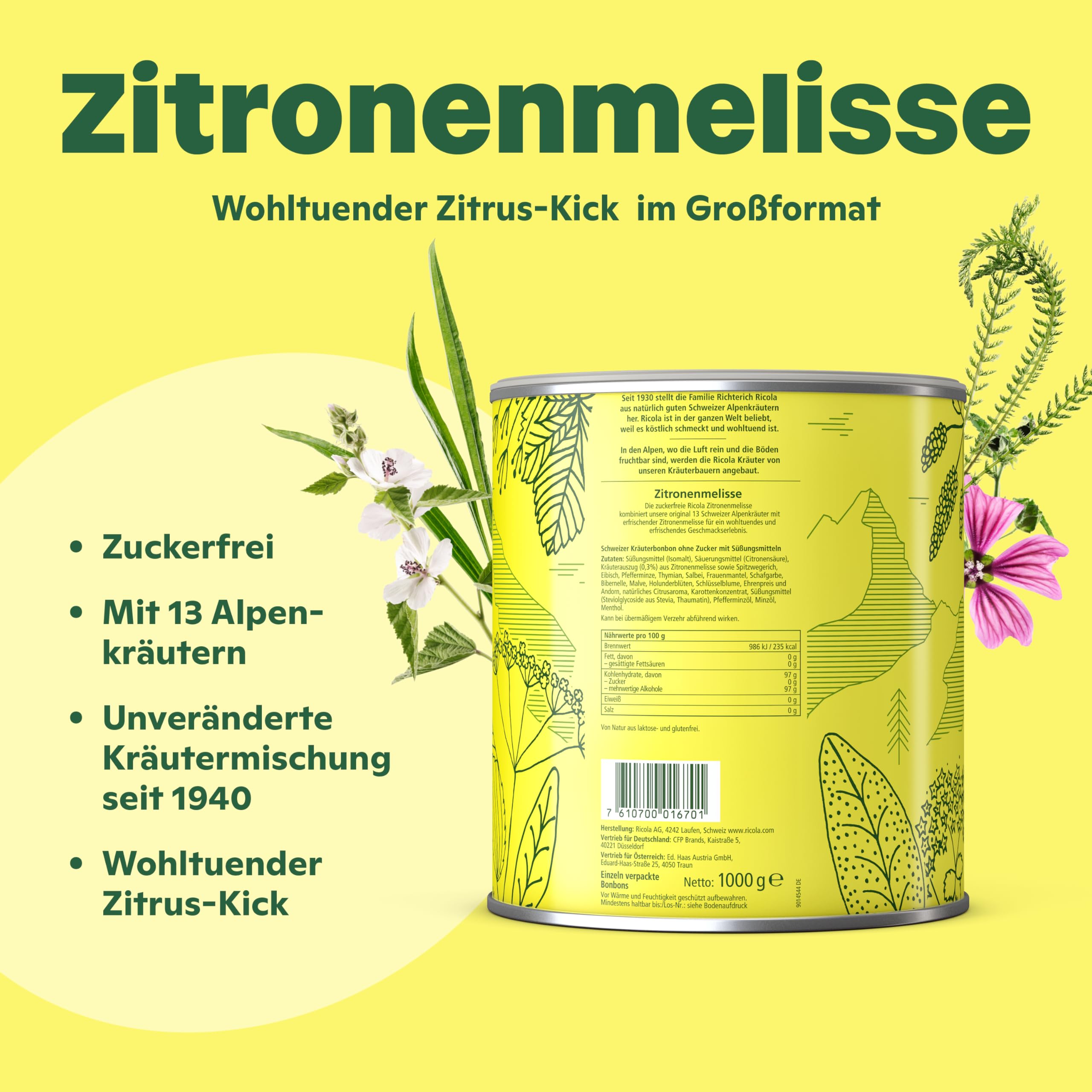 Ricola Riesendose Zitronenmelisse, 277 Original Schweizer Kräuter-Bonbons in der Design-Dose, geeignet als Vorrat & Geschenk, zuckerfrei, 1x1kg, vegan