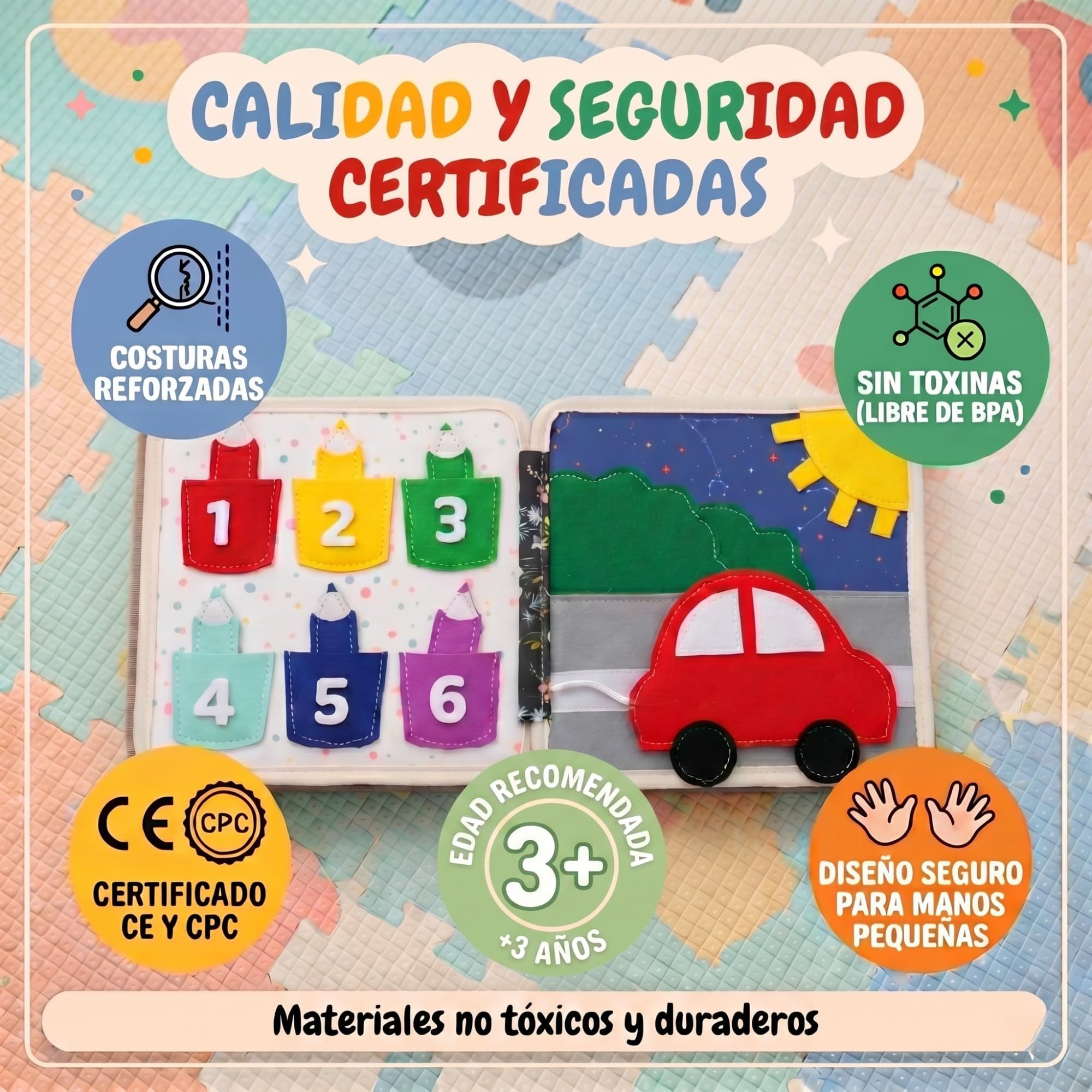 LUMS Libro Montessori 1 Año - Juguetes Montessori Bebé 2 3 4 5 Años, Busy Board y Tablero Sensorial de Fieltro, Busy Book Interactivos de Actividades, Juego de Viaje para Coche con 6 Marionetas
