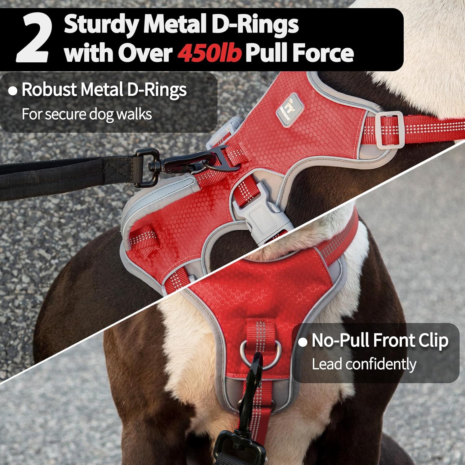 Huntboo Escape Proof Dog Harness, Escape Artist Harness, Reflective Harness with Padded Handle, Breathable, Durable, Adjustable Vest for Medium Dogs Walking, Training, and Running Gear (Red, L)