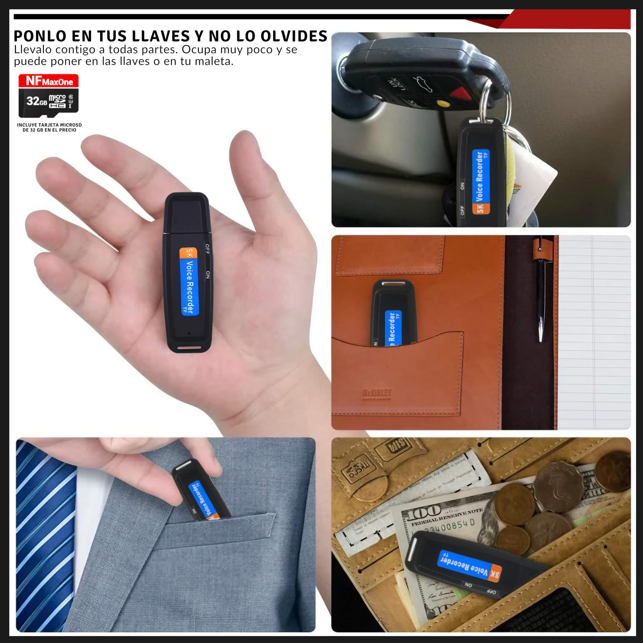 Grabadora de Voz Espia Digital con MicroSD de 32 GB incluida | Mini Grabadora de Audio Ideal para Reuniones, Entrevistas, Clases | Grabadora USB Espia Portatil con hasta 500 Horas Grabación ST