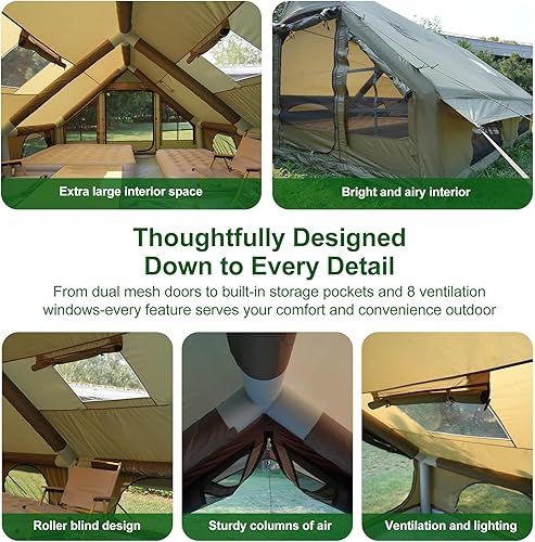 Miniatura 4 de Inflatable Cotton Canvas Tent, 12 Waterproof & Windproof Family Shelter for 410 Campers, All-Season Outdoor Tent with Skylight and Stove Jack