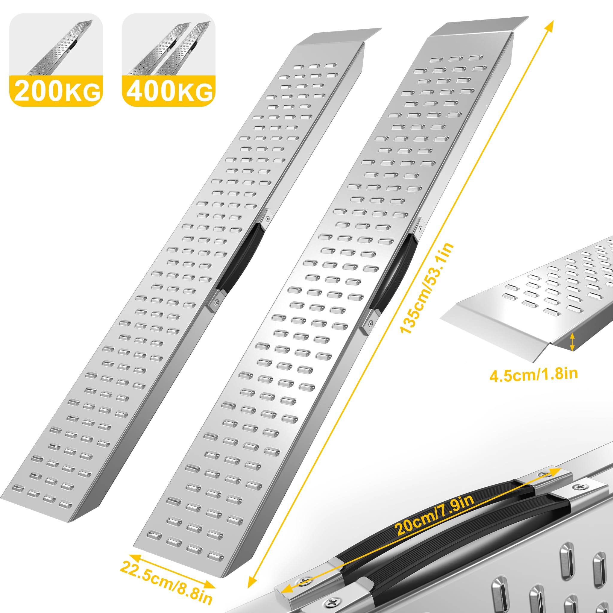 FIVMEN 2 rampas de carga para coches, 135 cm, 400 kg, capacidad de carga de aleación de aluminio, rampa para silla de ruedas, rampa de carga con superficie antideslizante y asa, rampa para escaleras