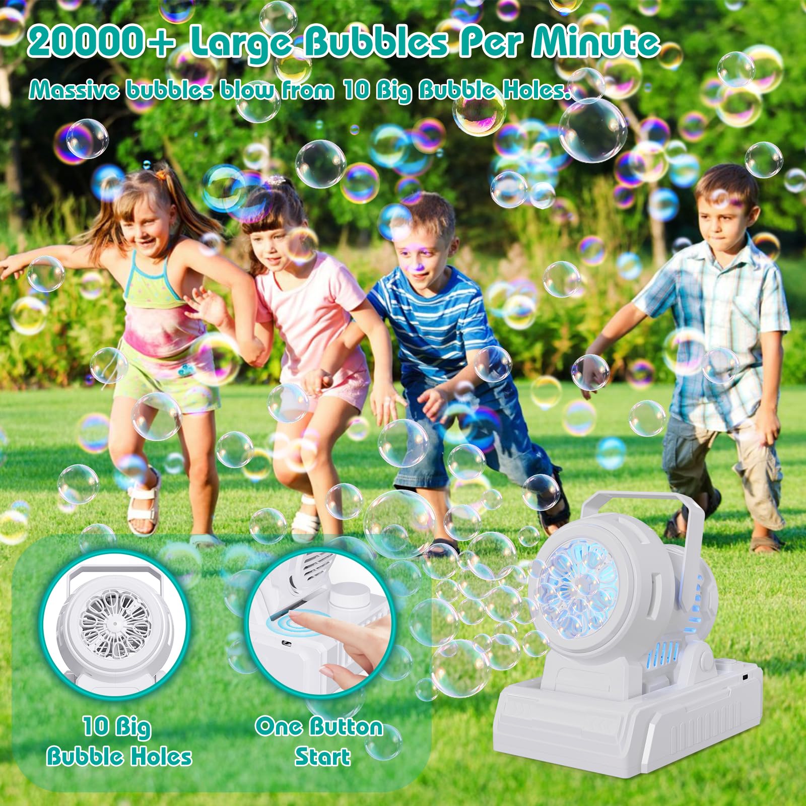Babuloo Bubble Machine Adjustable Angle, 10 Big Holes Automatic Bubble Making Toy for Kids 20000+ Big Bubbles with Solution/Lights, Portable Outdoor Bubble Blower for Garden Party Wedding-White - Image 3