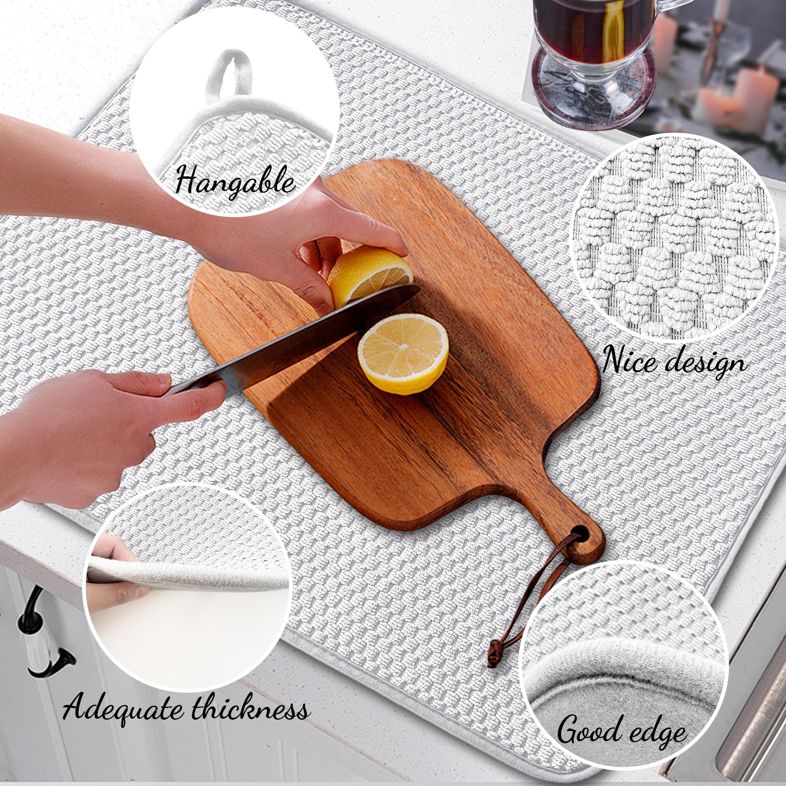 Meirrnyyu XXL Abtropfmatte, saugfähige Mikrofaser-Abtropfmatte, große Größe 61 x 43 cm, Pads für Küchentheke, Kaffee, Regal, unter der Spüle, Hellgrau, 3 Stück