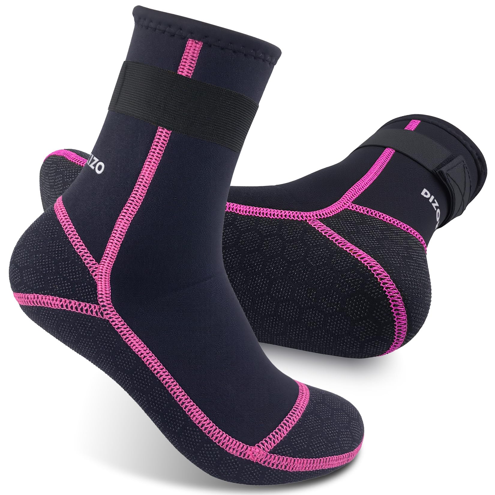 PAWHITS Neoprene Wetsuit Socks, 3mm Diving Socks with Adjustable Strap, Thermal Anti-slip Water Sock for Scuba Surfing Kayaking (Rose red lines) XL