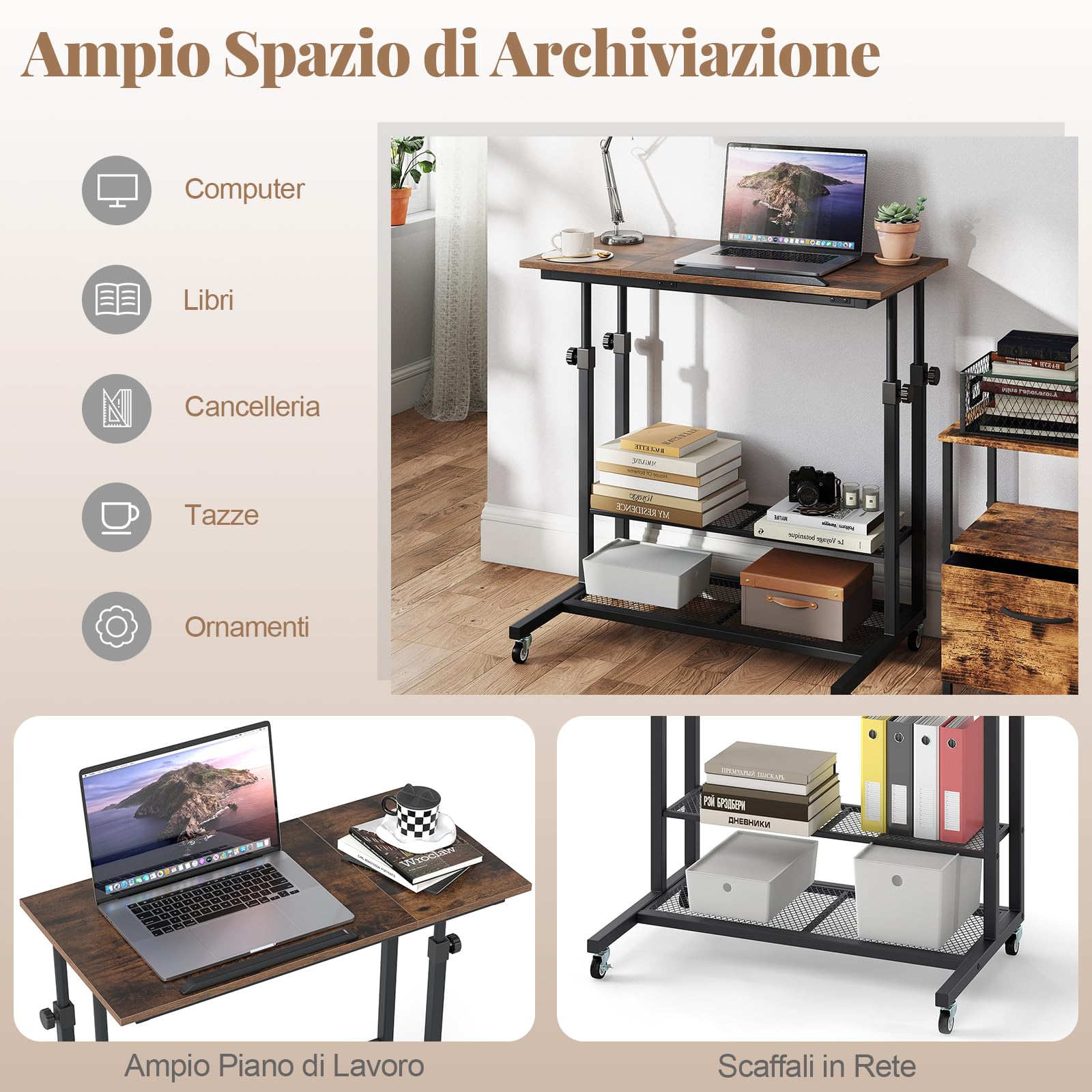 COSTWAY Tavolino da Divano e Letto, Tavolo Regolabile in Altezza con Ruote Bloccabili, Piano Inclinabile e Mensole Portaoggetti, Mobile Versatile per Salotto, Camera da Letto