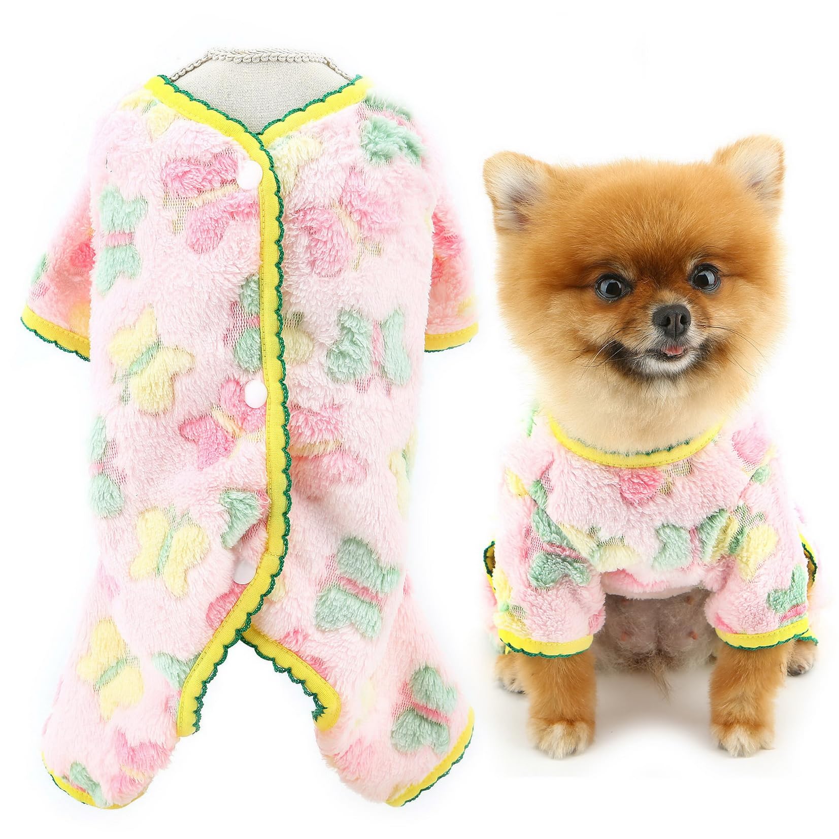 SMALLLEE_LUCKY_STORE Plush Fleece Dog Pajamas for Small Dog Pet Pyjamas with Butterflies Pattern Soft Puppy Pjs Warm Fall Winter Outfits Cat Chihuahua Yorkie Clothes, Pink, XL